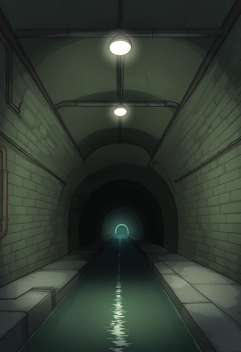 2d, und3rgr0unds3w3r, underground, sewer, grimy water, no humans, ceiling lights, tunnel, industrial pipe,