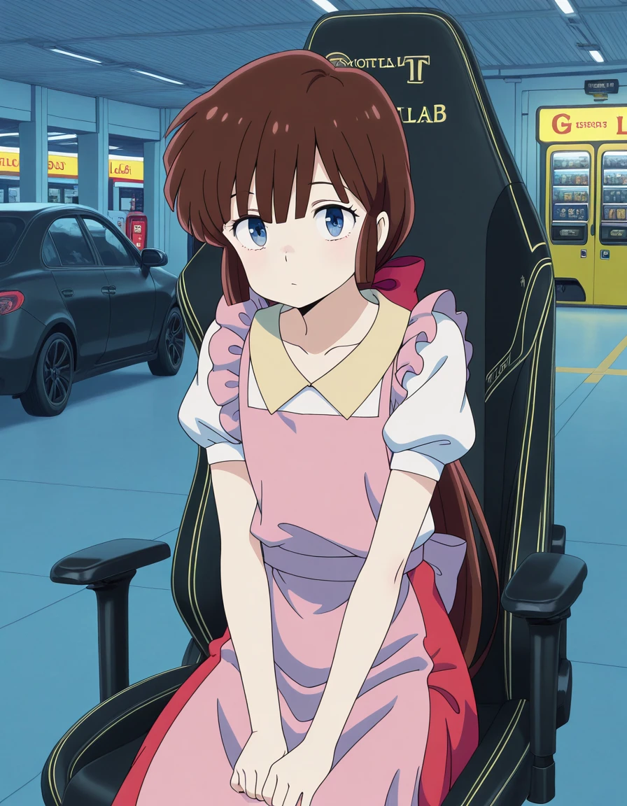masterpiece, best quality, amazing quality,, <lora:nagisa-shiowatari-s2-illustriousxl-lora-nochekaiser:1>, nagisa shiowatari, long hair, bangs, brown hair, bow, ponytail, hair bow, blue eyes, otoko no ko, anime screencap, short sleeves, apron, puffy sleeves, skirt, red skirt, shirt, white shirt, collarbone,, <lora:secretlab-chair-illustriousxl-lora-nochekaiser:1>, secretlab chair, chair, office chair, gaming chair, sitting, cowboy shot, gas station, pumps, car, fuel, lights, cowboy shot, solo, looking at viewer,
