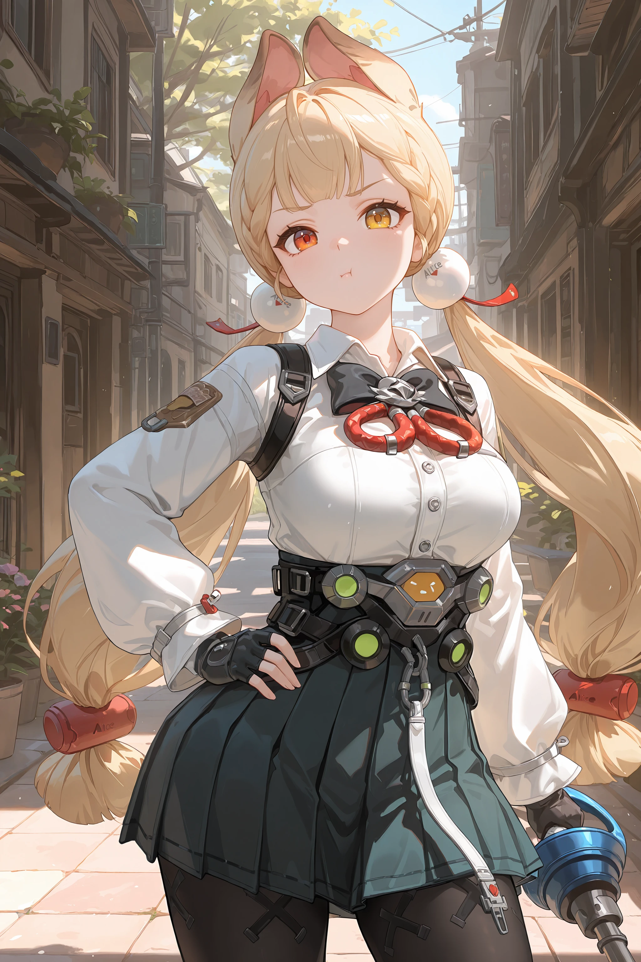 1girl, alice thymefield, heterochromia, solo, braided bangs, twintails, hair bobbles, white collared shirt, ribbon-trimmed sleeves, two-tone bowtie, chest harness, fingerless gloves, utility belt, high-waist pleated skirt, print pantyhose, cowboy shot, standing, contrapposto, pout, looking at viewer, hand on hip, outdoors, street <lora:Char-ZZZ-Alice-V1-IL:0.9:hr=0.6>
masterpiece, best quality, amazing quality, very awa,absurdres,newest,very aesthetic, highres, (scenery, volumetric lighting), high contrast, photorealistic, <lora:IL-Cunny:0.8:hr=0>, <lora:Pony-Dramatic_Lighting_Slider:2.5:hr=0>