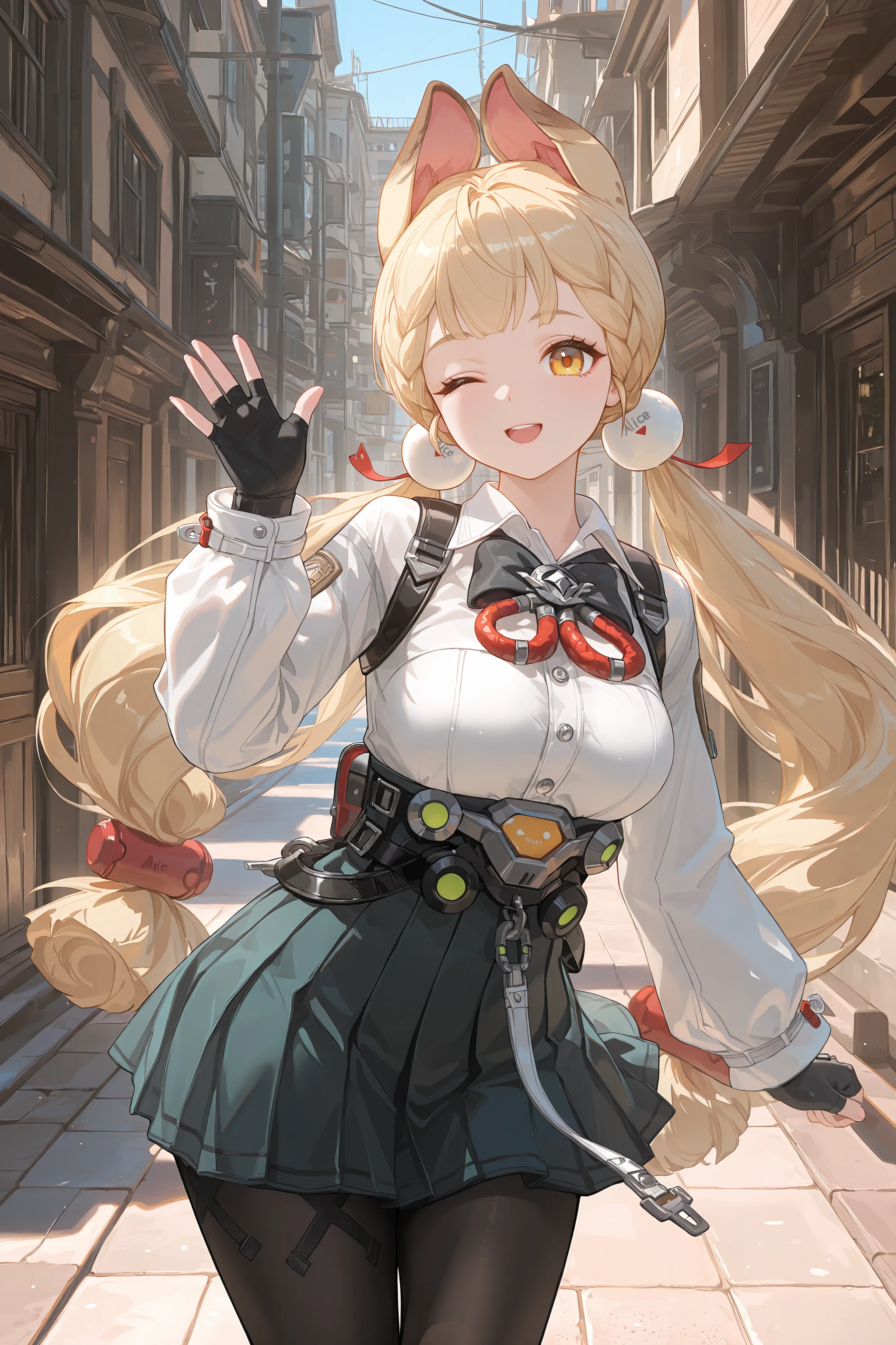 1girl, alice thymefield, heterochromia, solo, braided bangs, twintails, hair bobbles, white collared shirt, ribbon-trimmed sleeves, two-tone bowtie, chest harness, fingerless gloves, utility belt, high-waist pleated skirt, print pantyhose, cowboy shot, standing, contrapposto, smiling, open mouth, one eye closed, looking at viewer, waving, floating hair, outdoors, street <lora:Char-ZZZ-Alice-V1-IL:0.9:hr=0.6>
masterpiece, best quality, amazing quality, very awa,absurdres,newest,very aesthetic, highres, (scenery, volumetric lighting), high contrast, photorealistic, <lora:IL-Cunny:0.8:hr=0>, <lora:Pony-Dramatic_Lighting_Slider:2.5:hr=0>