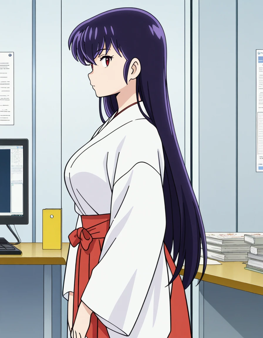 masterpiece, best quality, amazing quality,, <lora:urusei-yatsura-sakura-s1-illustriousxl-lora-nochekaiser:1>, sakura, long hair, purple hair, red eyes, mature female, medium breasts, anime screencap, skirt, japanese clothes, wide sleeves, kimono, hakama, hakama skirt, white kimono, miko, red hakama,, from side, cubicle, desk, computer, partition, workspace, cowboy shot, solo, looking at viewer,