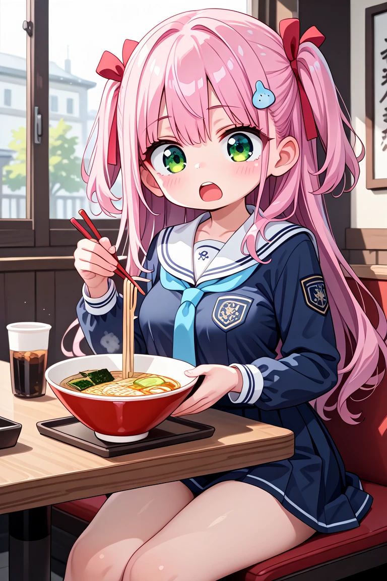 masterpiece, best quality, amazing quality, very aesthetic, absurdres,
cute round face, slender, ultra detailed eyes, ultra detailed hair, ultra beautiful,
1girl, solo,
cowboy shot, from front, upset, open  mouth, looking at viewer,
red ribbon on hair, pink hair, green eyes, two side up, medium breasts,
sitting, holding chopsticks, on restaurant, table, ramen on table, white sailor, blue tie on school uniform