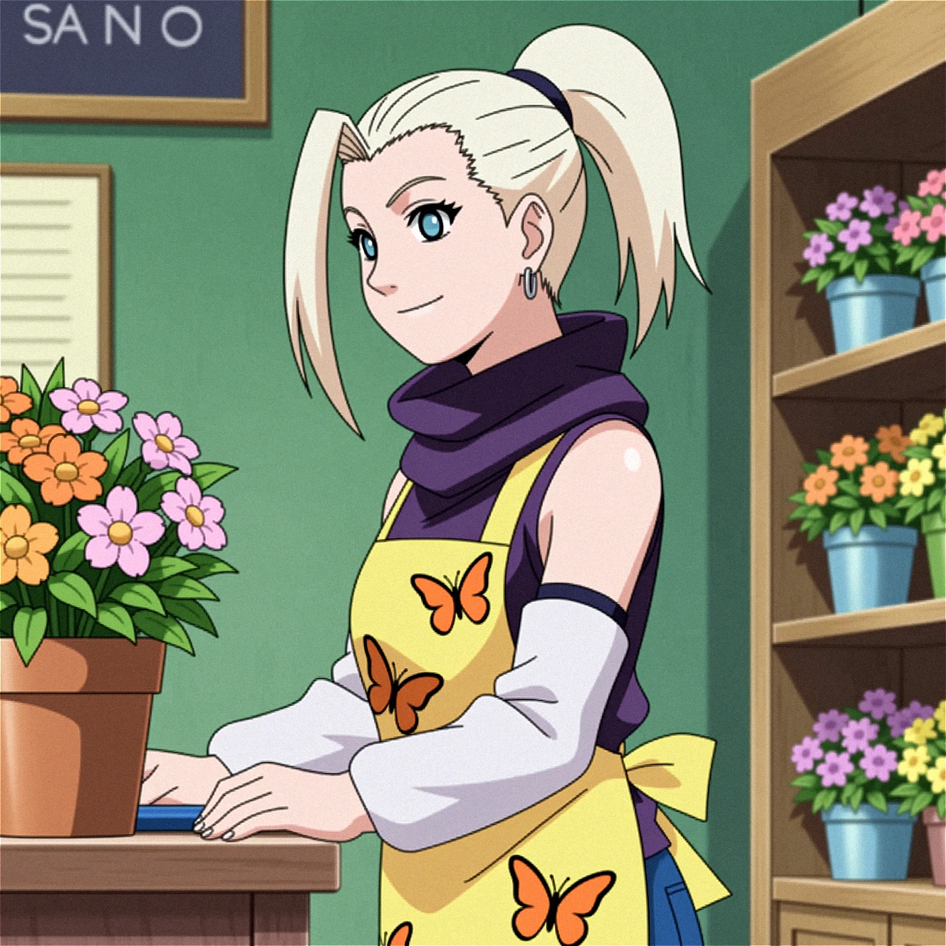 This meticulously detailed, anime-style illustration depicts Ino Yamanaka standing confidently with a smile. Her ponytail is kept shoulder length. She is dressed in small silver hoop earrings, She is dressed in a high-collared purple blouse and yellow apron with orange butterfly patterns, which complements her overall look and white arm warmers add a touch of contrast to her ensemble. she is working the counter of a flower shop with a flowerpot to her left. This is framed as a side profile shot, ino is looking to the right.