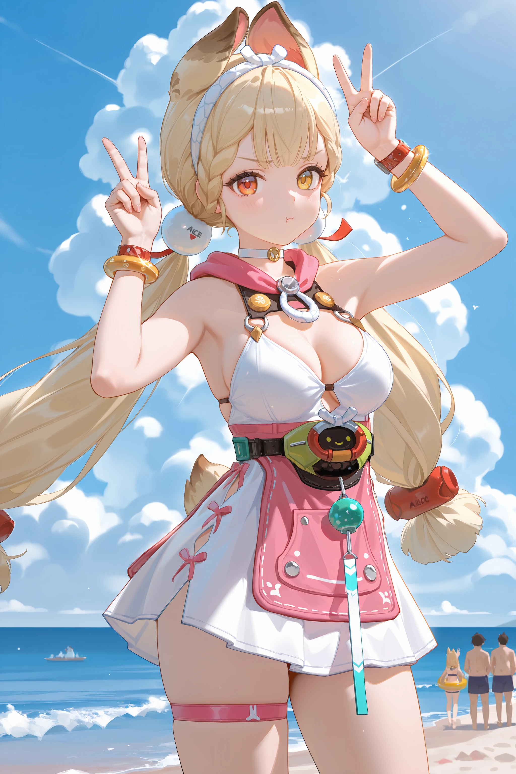 1girl, alice thymefield, heterochromia, solo, braided bangs, twintails, hair bobbles, white hairband, white choker, pink hood, dress swimsuit, utility belt, bracelet, wristwatch, thigh strap, double v, looking at viewer, pout, standing, contrapposto, cowboy shot, outdoors, beach, ocean, blue sky, cumulonimbus cloud, depth of field, depth of field  <lora:Char-ZZZ-Alice-V1-IL:0.9:hr=0.6>, (fkey:0.5), (fuzichoco:0.6), ningen mame, sho lwlw, (rhasta:0.9), (wlop:0.7), (ke-ta:0.6), chen bin, (hyouuma:0.8)
masterpiece, best quality, amazing quality, very awa,absurdres,newest,very aesthetic, highres, (scenery, volumetric lighting), (high contrast, photorealistic, realistic, realistic shading), (chiaroscuro:0.5),  <lora:IL-Dramatic_Lighting_Slider:2.5:hr=0>