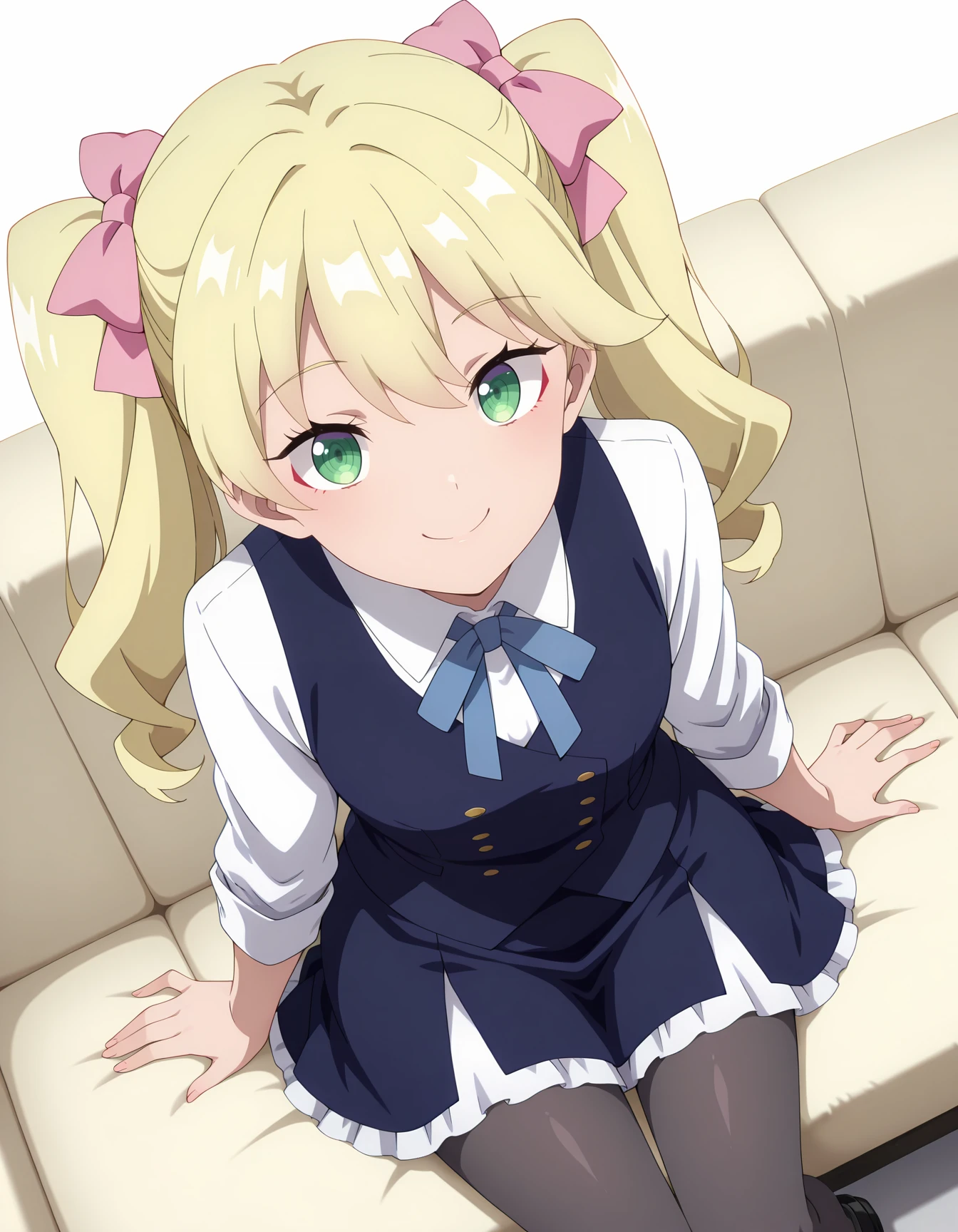 highres,very detailed,amazing quality,masterpiece,very aesthetic,anime screencap,
1girl,smile,solo,looking at viewer,dutch angle,foreshortening,sitting sofa,cowboy shot,from above,(simple background,white background:1.2),
<lora:FLIAW_Rosalind 1:0.9>
green eyes,red eyeshadow,double-parted bangs,blond hair,long hair,twintails,pink hairbows,
white collared shirt,navy vwaistcoat,blue neckribbon,blue skirt,layered skirt,gray pantyhose,
black loafers,