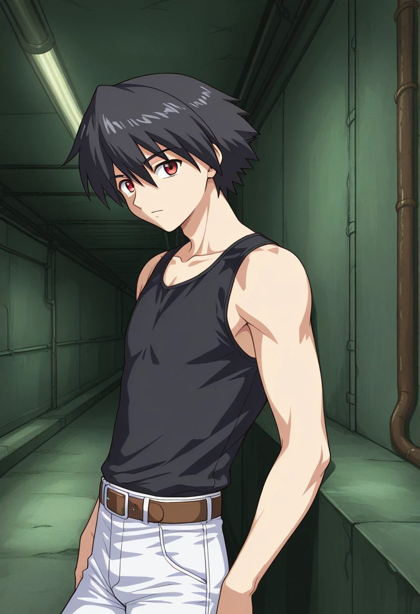 und3rgr0unds3w3r, underground, sewer, ceiling lights, industrial pipe, 1boy, solo, magamiyuujirecross, black hair, short hair, red eyes, black shirt, tanktop, sleeveless, collarbone, white pants, belt, leaning on wall, from side, looking at viewer,
