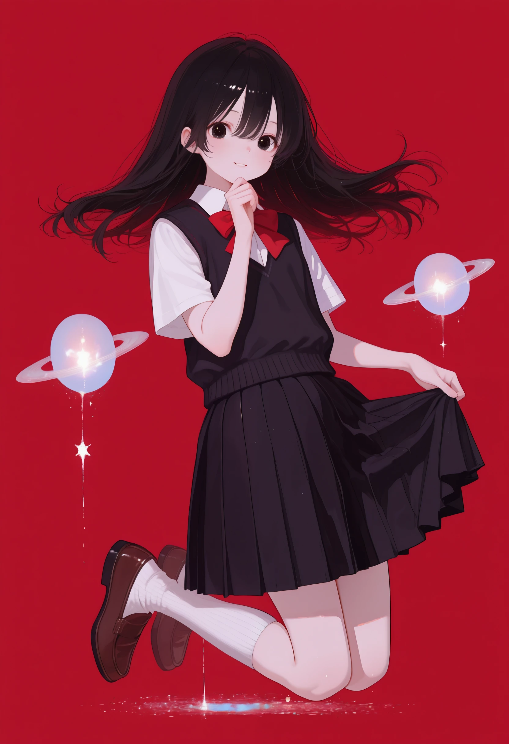 <lora:momowaaai-illustriousXL_v01_V9-CAME-000015>, 1girl, solo, surreal, floating, red bowtie, kneehighs, black eyes, pleated skirt, brown footwear, floating object, skirt, vest, shirt, black vest, loafers, red bow, short sleeves, long hair, floating hair, kneeling, shoes, neck ribbon, skirt hold, collared shirt, white socks, ribbon, bow, black skirt, ribbed legwear, parted lips, smile, wing collar, black ribbon, looking at viewer, bowtie, school uniform, full body, white shirt, hand on own chin, red background, hair between eyes, socks,
