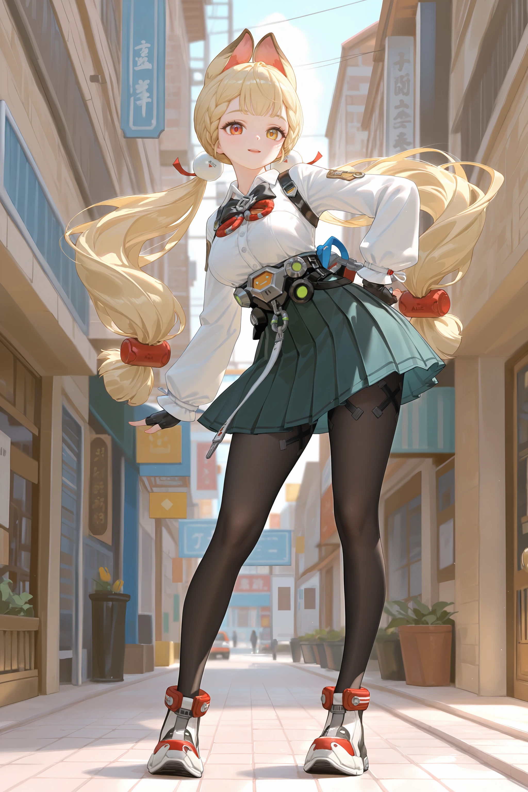 1girl, alice thymefield, heterochromia, solo, braided bangs, twintails, hair bobbles, white collared shirt, ribbon-trimmed sleeves, two-tone bowtie, chest harness, fingerless gloves, utility belt, high-waist pleated skirt, print pantyhose, high tops, looking at viewer, light smile, open mouth, street, outdoors, depth of field, standing, contrapposto, full body  <lora:Char-ZZZ-Alice-V1-IL:0.9:hr=0.6>, (fkey:0.5), (fuzichoco:0.6), ningen mame, sho lwlw, (rhasta:0.9), (wlop:0.7), (ke-ta:0.6), chen bin, (hyouuma:0.8)
masterpiece, best quality, amazing quality, very awa,absurdres,newest,very aesthetic, highres, (scenery, volumetric lighting), (high contrast, photorealistic, realistic, realistic shading), (chiaroscuro:0.5),  <lora:IL-Dramatic_Lighting_Slider:2.5:hr=0>