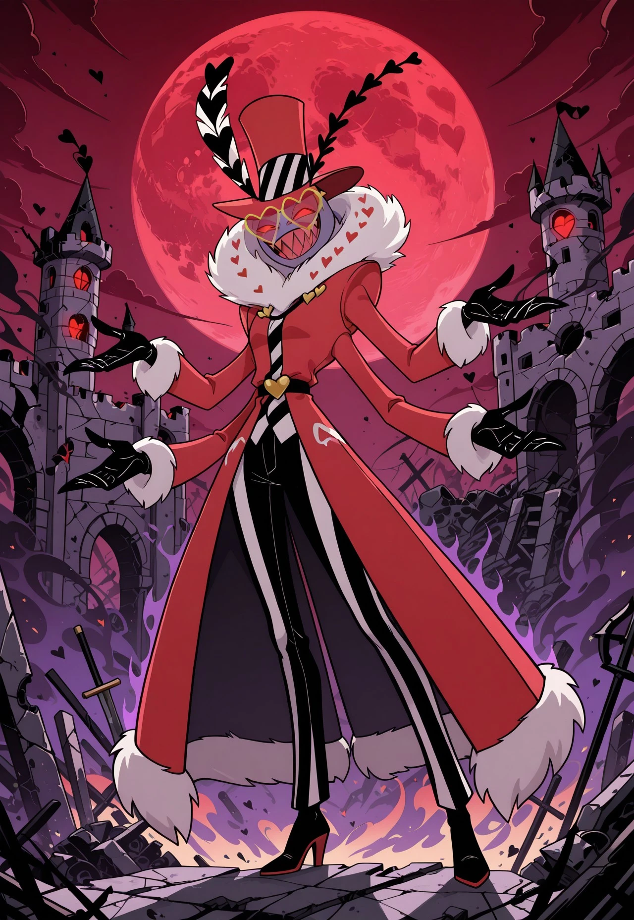 **Style** masterpiece, detailed_eyes, detailed, best quality, absurdres, 8k, HDR, high quality, very_awa, newest, vivid colors, very aesthetic, (dynamic:1.2), stylized, illustration, smooth edges, **Setting** castle ruins, flames on ruins, night, red moon, flying ashes, smoke at background, **Character** valentino_hh, purple skin, four arms, red eyes, sharp teeth, long fingers, sharp fingers, moth demon, fur collar with heart accents, red top hat,black gloves, heart-shaped glasses, gold glasses, (in-action pose:1.2), **Clothing** long red coat, fluffy white trim, black and white striped lining, black high heels, **Action** wide open arms, hands out of frame, looking at viewer, big smile, glowing eyes, dark aura, 3/4 shot, Smooth_Quality