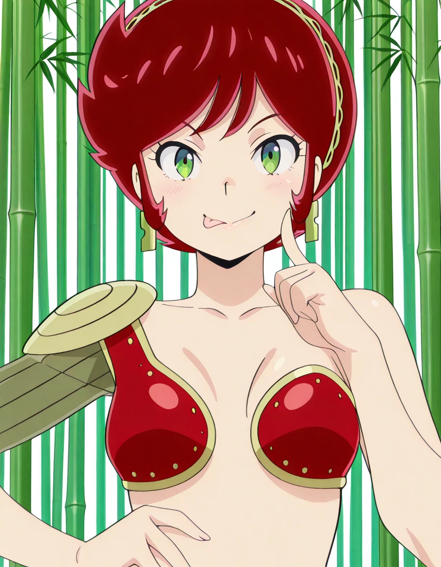 masterpiece, best quality, amazing quality,, <lora:urusei-yatsura-benten-s1-illustriousxl-lora-nochekaiser:1>, benten, short hair, green eyes, red hair, hairband, mature female, small breasts, anime screencap, armor, bikini armor,, <lora:gotoubunnohanayome-vol8-illustriousxl-lora-nochekaiser:1>, gotoubunnohanayome vol8, solo, looking at viewer, blush, smile, upper body, tongue, tongue out, :p, finger to cheek, hand on own hip,, bamboo forest, bamboo, trees, dense, wildlife, cowboy shot, solo, looking at viewer, <lora:transparent-background-illustriousxl-lora-nochekaiser:1>, transparent background, simple background, white background