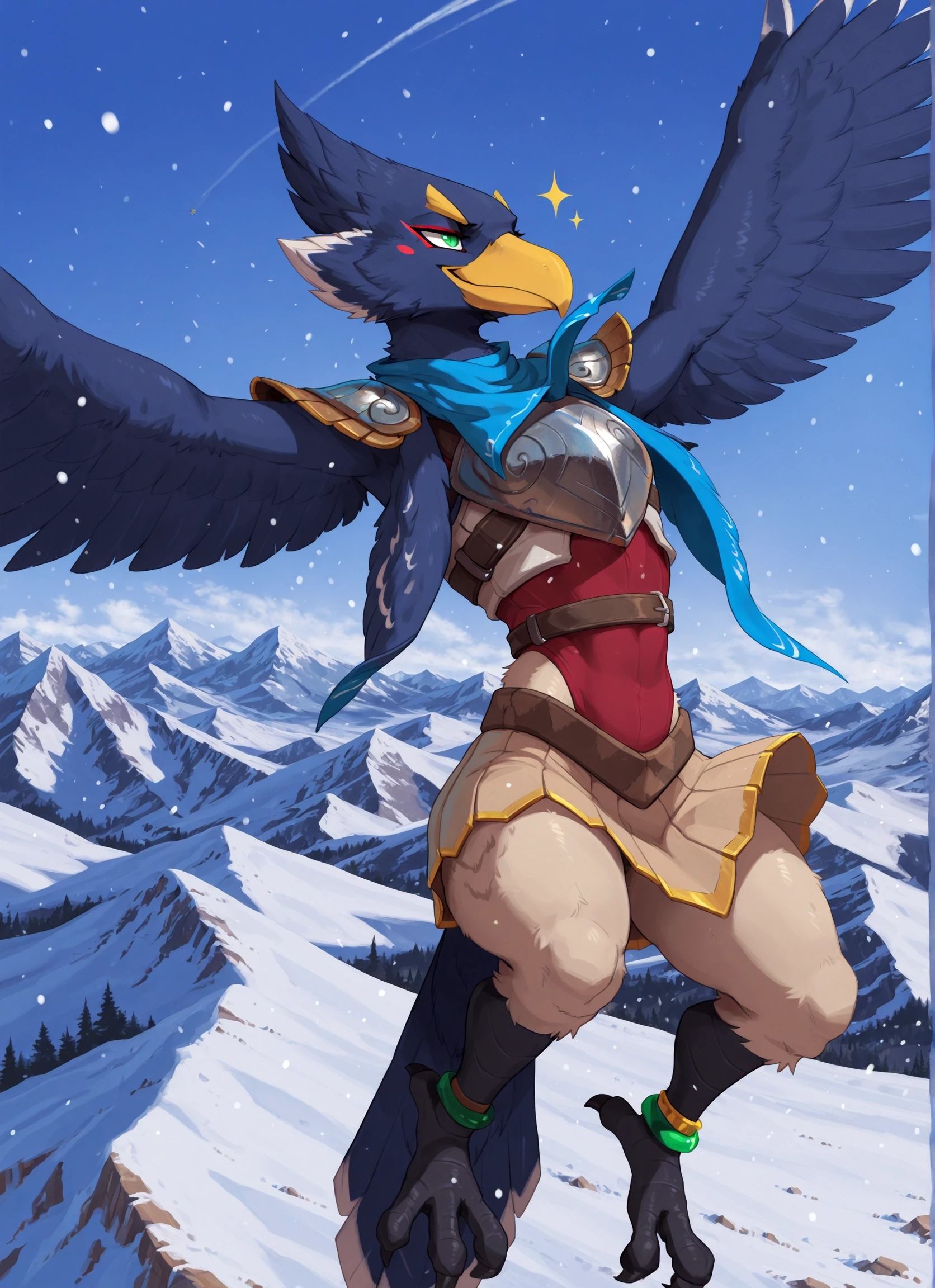 digital artwork, masterpiece, high detailed, best quality, high res, very aesthetic, absurdres, artistic, amazing quality, vibrant colors, high resolution, ultra-detailed, absurdres, newest
1boy, <lora:Revali:1.0> R3v4l1, anthro avian, furry, anthro male, 1boy, green eyes, red eyeliner, blue feathers, yellow beak, black talons, Beige thighs, red top, pauldrons, breastplate, tan skirt, anklet, lithe, twink, smug, sparkle, smirk, flying, floating, jumping, mid-air, airborne, arms spread, spread arms, wind
mountainous horizon, mountain, snowy landscape, snowing, blizzard
