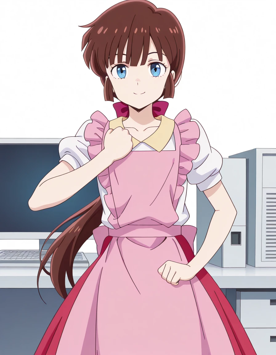 masterpiece, best quality, amazing quality,, <lora:nagisa-shiowatari-s2-illustriousxl-lora-nochekaiser:1>, nagisa shiowatari, long hair, bangs, brown hair, bow, ponytail, hair bow, blue eyes, otoko no ko, anime screencap, short sleeves, apron, puffy sleeves, skirt, red skirt, shirt, white shirt, collarbone,, <lora:giorno-giovannas-pose-illustriousxl-lora-nochekaiser:1>, giorno giovannas pose, giorno giovanna's pose (jojo), jojo pose, hand up, clenched hand, hand on waist, smile, looking at viewer, cowboy shot,, cubicle, desk, computer, partition, workspace, cowboy shot, solo, looking at viewer, <lora:transparent-background-illustriousxl-lora-nochekaiser:1>, transparent background, simple background, white background