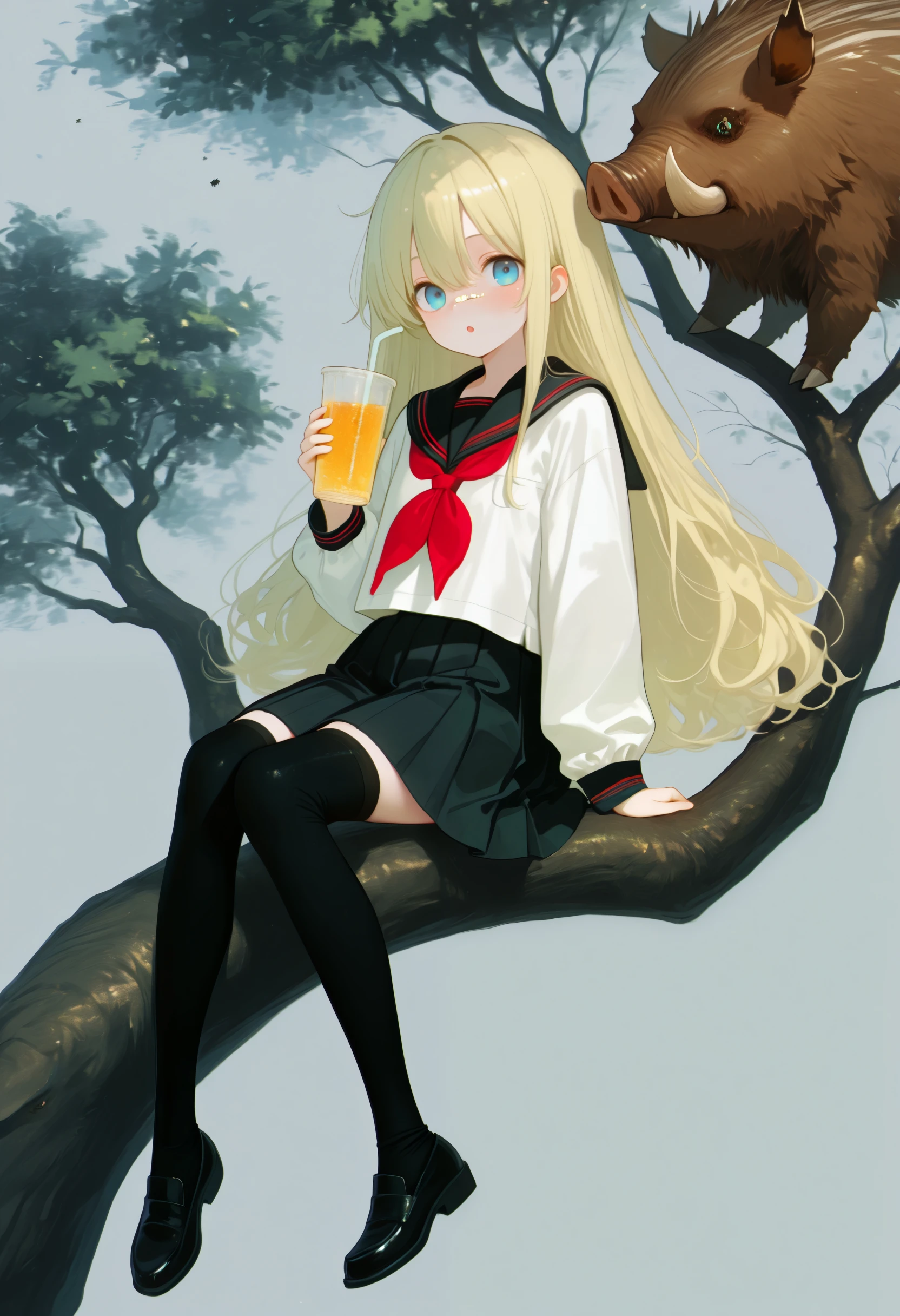 <lora:momowaaai-illustriousXL_v01_V9-CAME-000015>, 1girl, solo, surreal, long sleeves, holding, sitting on branch, :o, grey background, thighhighs, school uniform, black skirt, long hair, in tree, pleated skirt, arm support, hair between eyes, black thighhighs, blue eyes, sitting in tree, full body, white shirt, very long hair, drinking glass, drinking straw, thighhighs under boots, cup, serafuku, looking at viewer, disposable cup, black sailor collar, blonde hair, loafers, hand up, boar, holding cup, knees together feet apart, black footwear, sailor collar, parted lips, red neckerchief, shirt, skirt, shoes, neckerchief, tree,