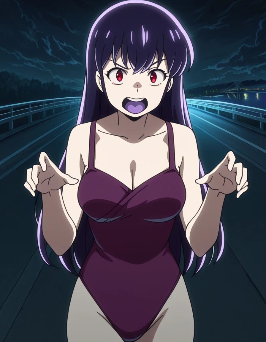 masterpiece, best quality, amazing quality,, <lora:urusei-yatsura-sakura-s1-illustriousxl-lora-nochekaiser:1>, sakura, long hair, purple hair, red eyes, mature female, medium breasts, anime screencap, cleavage, swimsuit, leotard, one-piece swimsuit, casual one-piece swimsuit, purple leotard, purple one-piece swimsuit,, <lora:ghost-pose-illustriousxl-lora-nochekaiser:1>, ghost pose, ghost, purple tongue, open mouth, tongue, hands up, indoors, night, night sky, dark, horror (theme), cloud, dark cloud, dim lighting, dark room, backlighting, cowboy shot, bridge, connection, water, road, cars, cowboy shot, solo, looking at viewer,