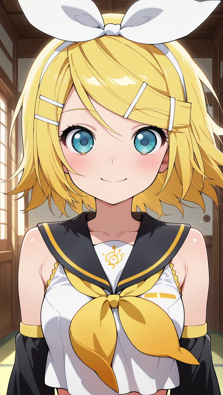 (masterpiece),best quality,amazing quality,very aesthetic,absurdres,newest,perfect body,shiny skin,perfect eyes,detail1eye,well-defined fingers,well-defined fingernails,anime style,indoors,1girl,solo,upper body,(portrait:1.5),looking at viewer,facing viewer,smile,blush,Absolute Duo anime style,kagamine rin,short hair,blonde hair,floating hair,white hairband,hair bow,white bow,hairclip,swept bangs,blue eyes,collarbone,bare shoulders,black sailor collar,white shirt,sleeveless shirt,crop top,midriff,yellow neckerchief,black sleeves,detached sleeves,medium breasts,<lora:Kagamine Rin(voc)-Illus-Remake:1.6>,<lora:Absolute Duo anime[style]-Illus:2.8>,