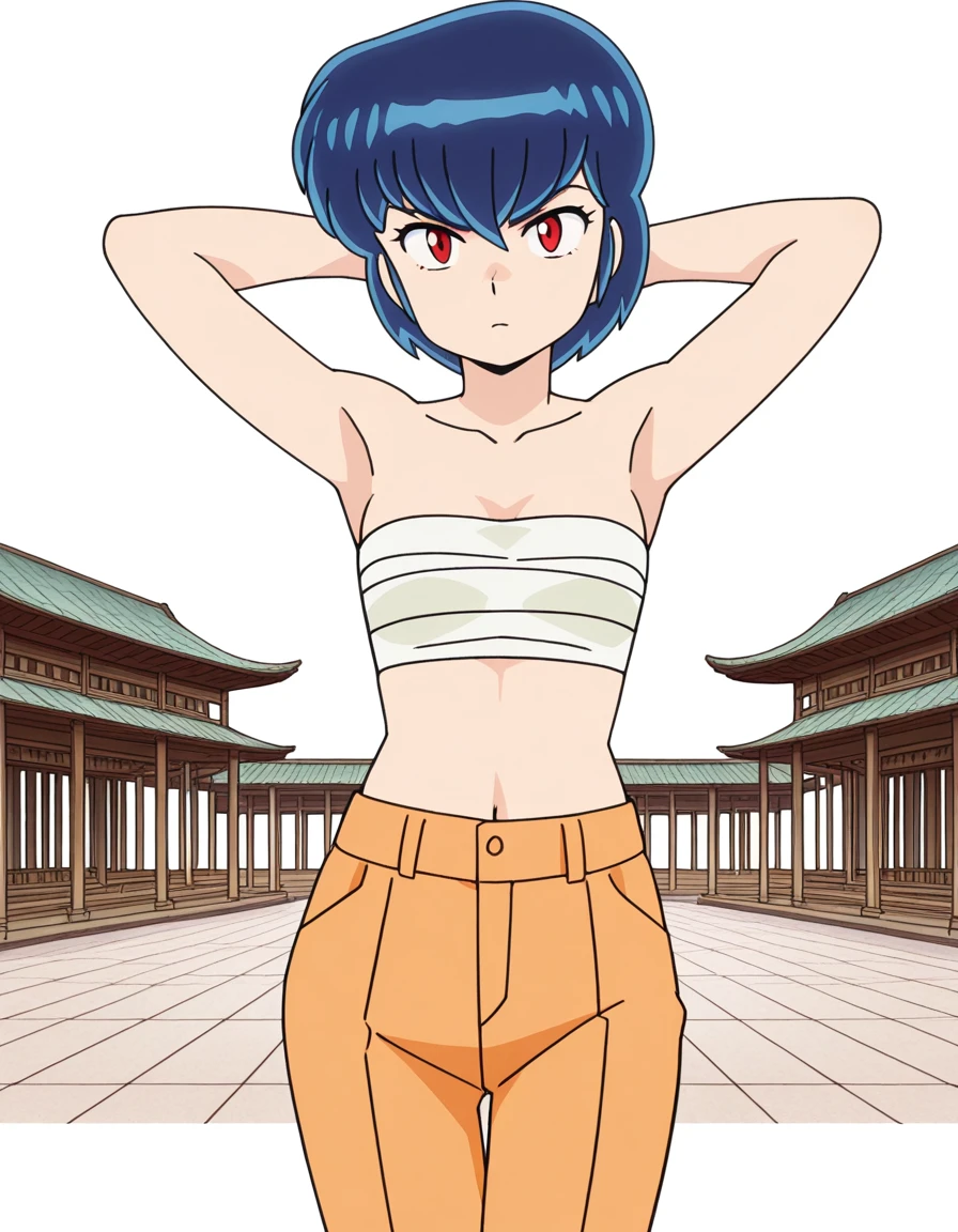 masterpiece, best quality, amazing quality,, <lora:ryuunosuke-fujinami-s1-illustriousxl-lora-nochekaiser:1>, ryuunosuke fujinami, short hair, blue hair, red eyes, mature female, small , anime screencap, sarashi, sarashi, pants, bandage, collarbone, shoulders, arms,, hands behind head,, Man-made, architecture, structures, civilization, urban, cowboy shot, solo, looking at viewer, <lora:transparent-background-illustriousxl-lora-nochekaiser:1>, transparent background, simple background, white background