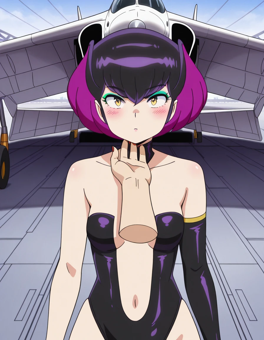 masterpiece, best quality, amazing quality,, <lora:urusei-yatsura-kurama-s1s2-illustriousxl-lora-nochekaiser:1>, kurama, short hair, black hair, yellow eyes, purple hair, multicolored hair, makeup, eyeshadow, mature female, small breasts, anime screencap, gloves, navel, elbow gloves, nail polish, leotard, black leotard, red nails, single glove, collarbone, bare shoulders,, <lora:stroking-anothers-chin-pov-illustriousxl-lora-nochekaiser:1>, stroking another's chin pov, stronking another's chin, pov, pov hands, blush, upper body, hangar, planes, large, storage, aviation, cowboy shot, solo, looking at viewer,