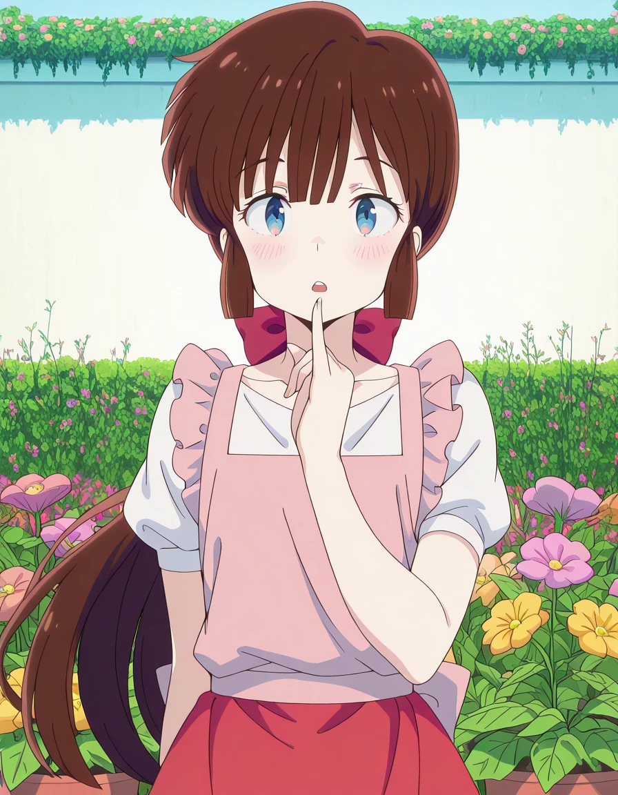 masterpiece, best quality, amazing quality,, <lora:nagisa-shiowatari-s2-illustriousxl-lora-nochekaiser:1>, nagisa shiowatari, long hair, bangs, brown hair, bow, ponytail, hair bow, blue eyes, otoko no ko, anime screencap, short sleeves, apron, puffy sleeves, skirt, red skirt, shirt, white shirt, collarbone,, <lora:gotoubunnohanayome-vol11-illustriousxl-lora-nochekaiser:1>, gotoubunnohanayome vol11, solo, looking at viewer, blush, open mouth, upper body, parted lips, teeth, hand up, upper teeth only, straight-on, pinky to mouth, pinky out,, gardening, watering plants, backyard, flowers blooming, sunny day, cowboy shot, solo, looking at viewer,