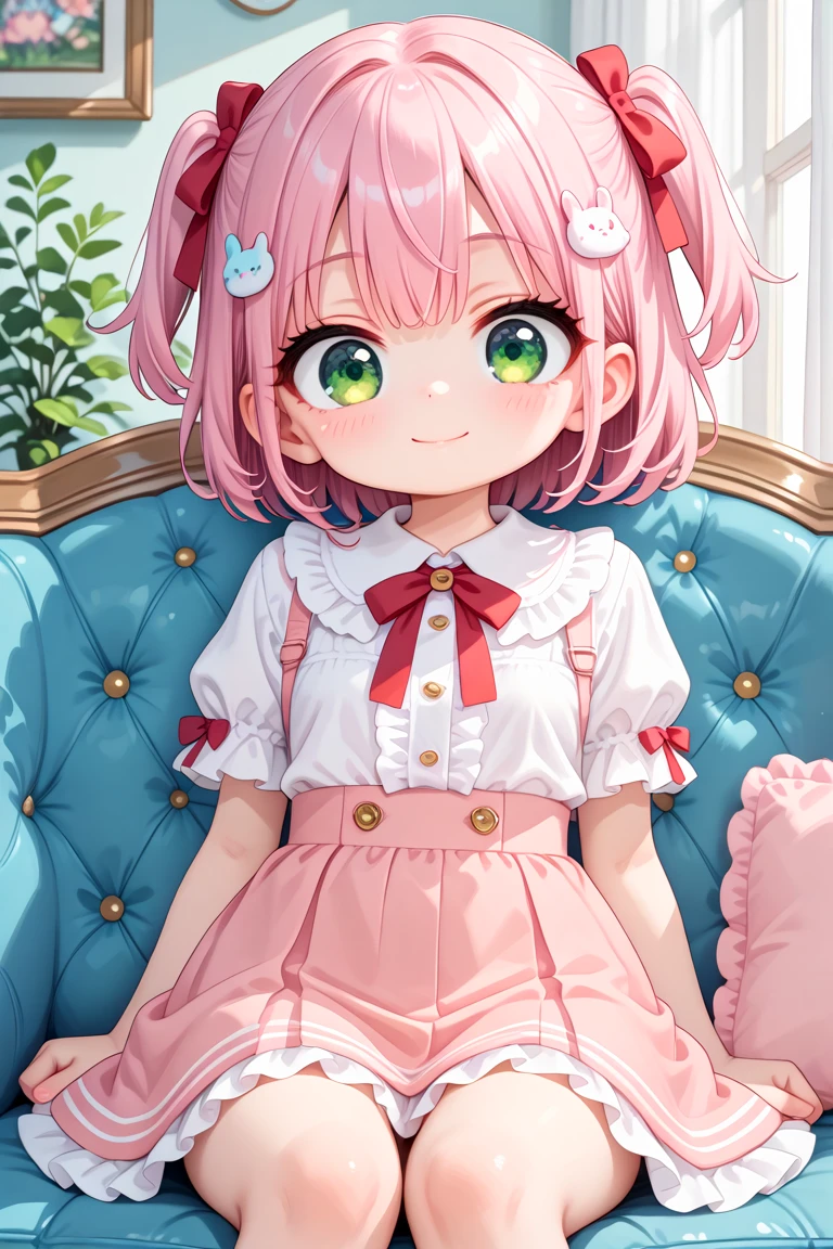 masterpiece, best quality, amazing quality, very aesthetic, absurdres,
cute round face, slender, detailed eyes, detailed hair, kawaii,
perfect symmetrical face, ultra cute girl, ultra cute face, ultra detailed eyes, ultra detailed hair, ultra cute, ultra beautiful,
1girl, solo,
Intricate details, Extremely detailed, Outstanding intricacies, Absurdres absolutely resolution, Serene atmosphere,
Portrait, Face focus, shooting from front,
smile, closed mouth, Looking at viewer,
sitting on blue sofa, White ruffled blouse, saxe-blue ribbon tie, short ruffled sleeves and long layerd skirt,
Fashionable cafe living room, Decorative plants, Pastel cute sofa, Pastel cute curtains, Pastel cute wallpaper,
red ribbon on hair, short hair, pink hair, green eyes, two side up