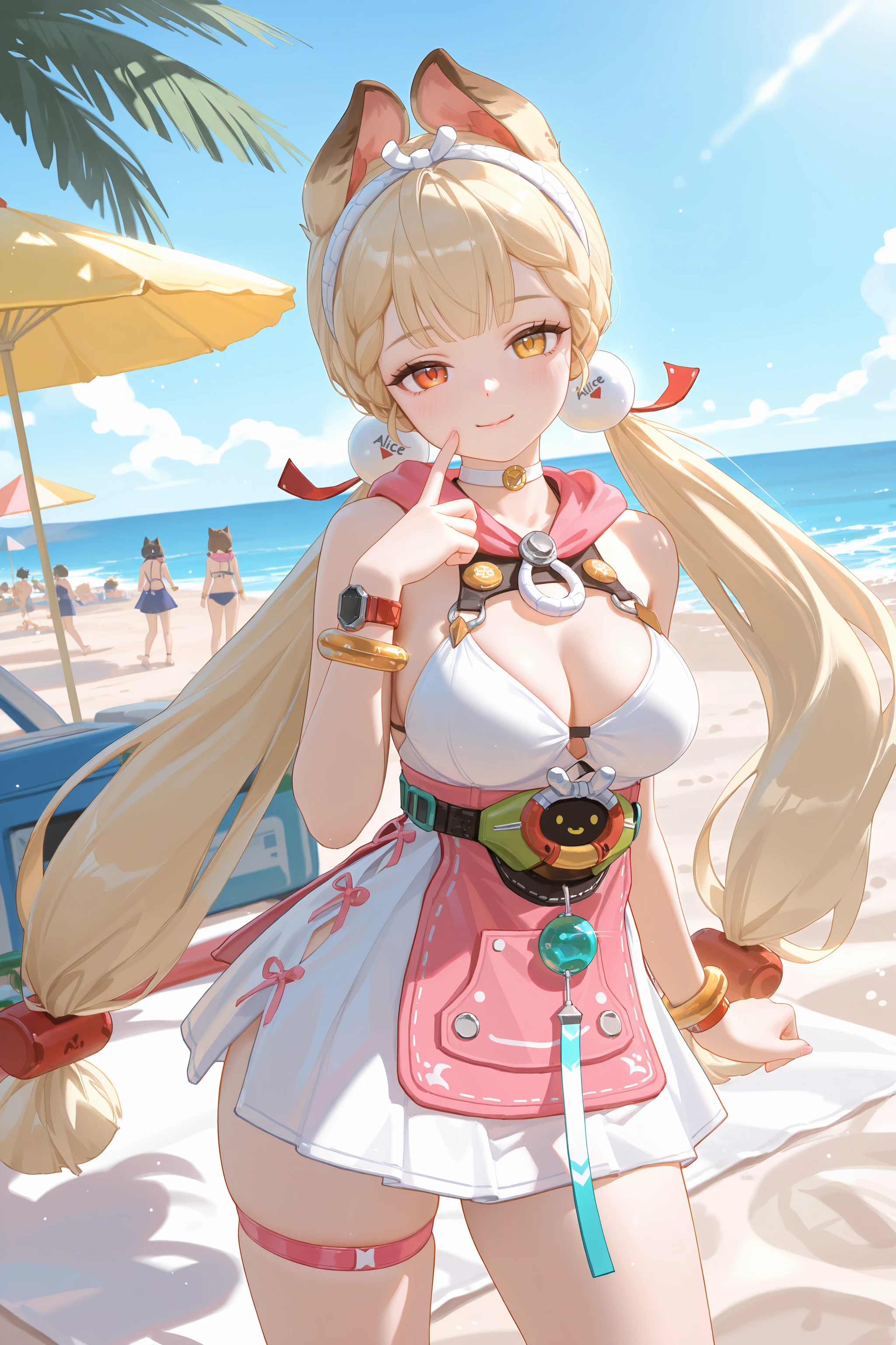 1girl, alice thymefield, heterochromia, solo, braided bangs, twintails, hair bobbles, white hairband, white choker, pink hood, dress swimsuit, utility belt, bracelet, wristwatch, thigh strap, looking at viewer, seductive smile, ecstasy, gasping, finger to cheek, standing, contrapposto, cowboy shot, beach, ocean, blue sky, beach mat, beach umbrella, depth of field  <lora:Char-ZZZ-Alice-V1-IL:0.9:hr=0.6>, (fkey:0.5), (fuzichoco:0.6), ningen mame, sho lwlw, (rhasta:0.9), (wlop:0.7), (ke-ta:0.6), chen bin, (hyouuma:0.8)
masterpiece, best quality, amazing quality, very awa,absurdres,newest,very aesthetic, highres, (scenery, volumetric lighting), (high contrast, photorealistic, realistic, realistic shading), (chiaroscuro:0.5),  <lora:IL-Dramatic_Lighting_Slider:2.5:hr=0>