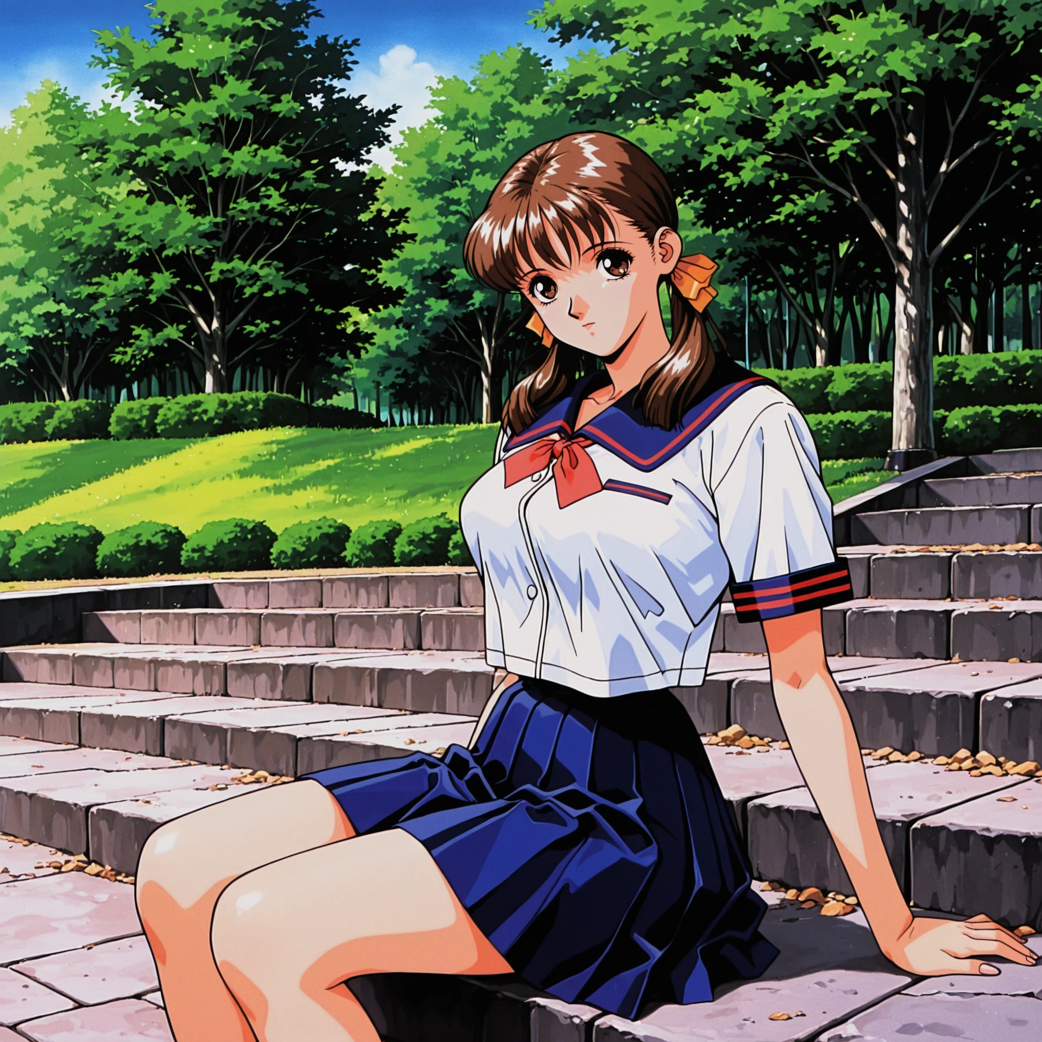 lazypos, <lora:Fujisawa_Ayana_-_Cool_devices_Yellow_Star:1> COOLAYANA07, 1girl, 1990s \(style\), umetsu yasuomi, brown eyes, brown hair, low twintails, hair ribbon, breasts, serafuku, outdoors, park, sitting on a large stone stairs,