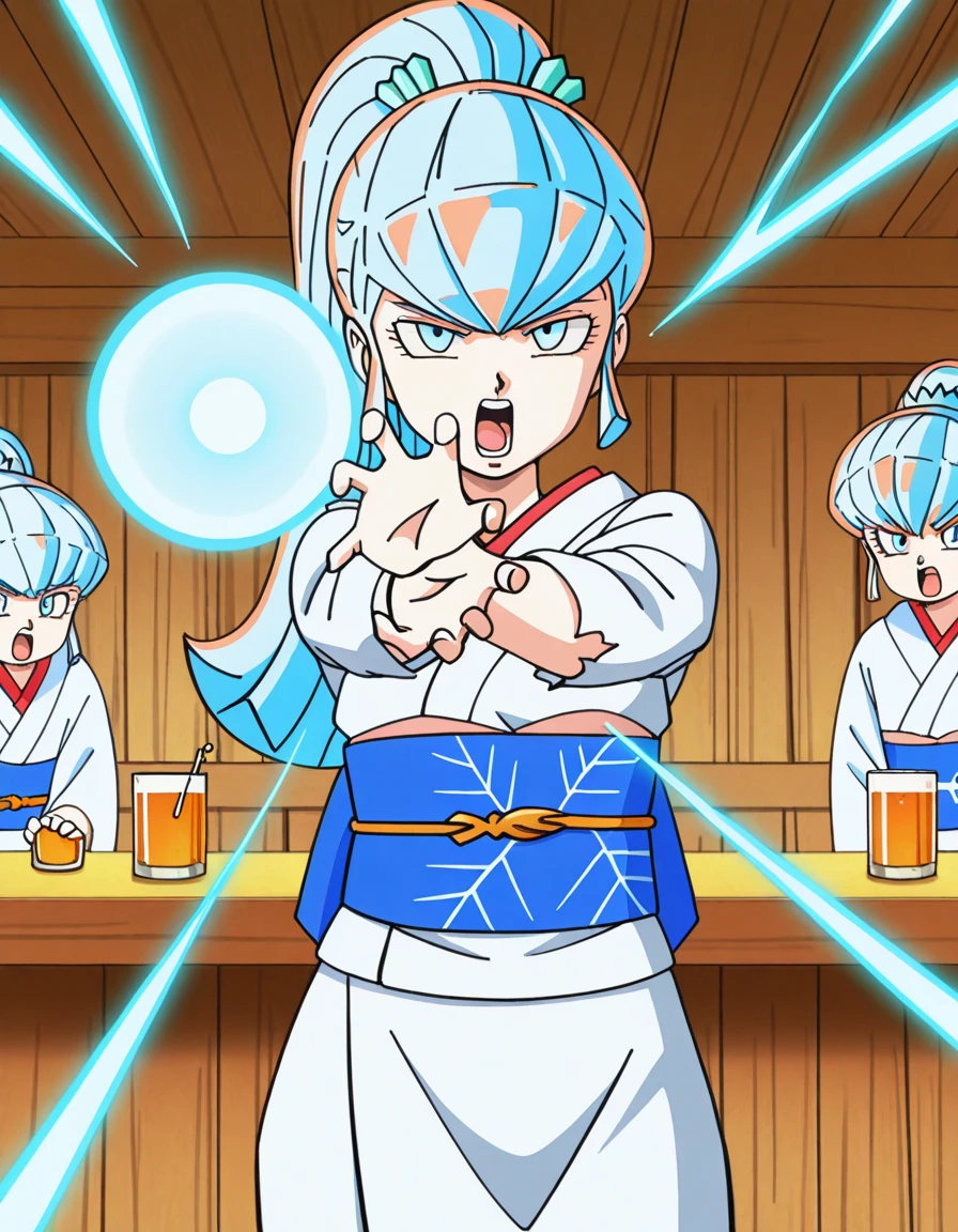 masterpiece, best quality, amazing quality,, <lora:urusei-yatsura-oyuki-s1-illustriousxl-lora-nochekaiser:1>, oyuki, long hair, blue eyes, blue hair, ponytail, mature female, small breasts, anime screencap, japanese clothes, kimono, sash, white kimono, obi,, <lora:kamehameha-illustriousxl-lora-nochekaiser:1>, kamehameha, kamehameha (dragon ball), open mouth, incoming attack, torn clothes, shouting, energy, energy beam, energy ball, electricity,, tavern, drinks, rustic, friends, old, cowboy shot, solo, looking at viewer,