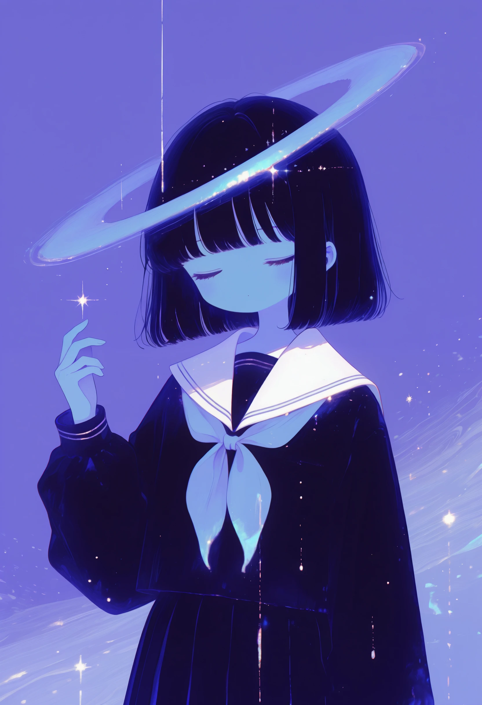 <lora:momowaaai-illustriousXL_v01_V9-CAME-000015>, 1girl, solo, surreal, blue neckwear, light particles, purple background, school uniform, serafuku, sailor collar, blue theme, white sailor collar, collared shirt, shirt, blunt ends, black serafuku, abstract, upper body, black skirt, sidelocks, hand up, pleated skirt, abstract background, dot mouth, medium hair, long sleeves, limited palette, skirt, neckerchief, black shirt, no nose, arm at side, closed mouth, blunt bang, bob cut, closed eyes, facing viewer,