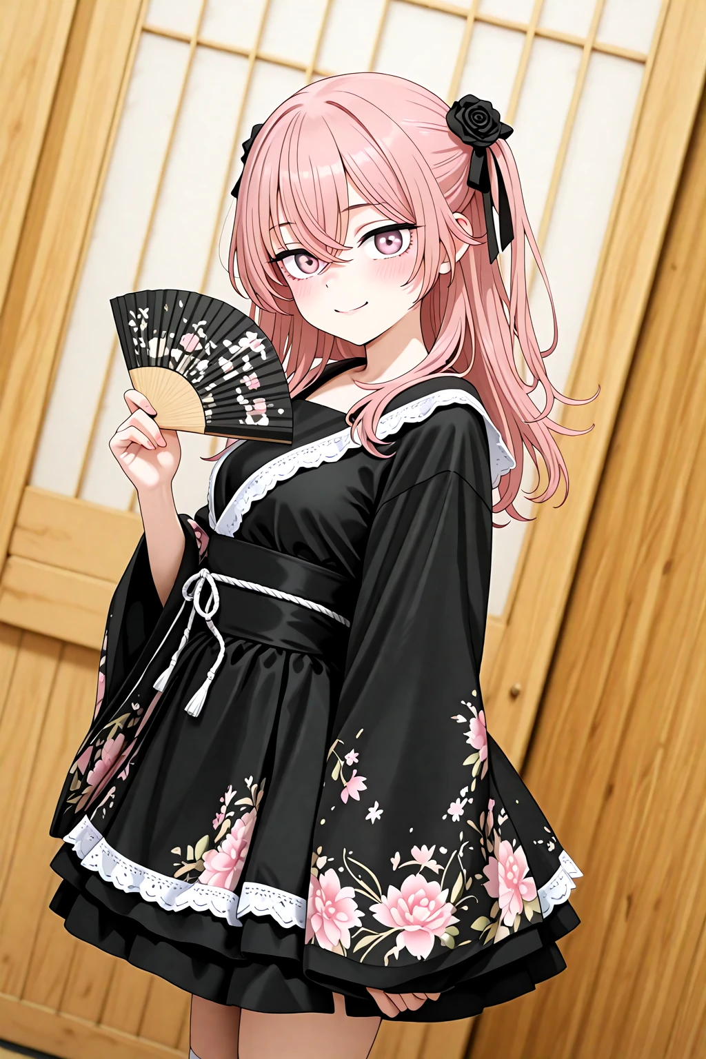 masterpiece, best quality, amazing quality, 1girl, solo, makeup, general, cowboy shot, looking at viewer, blush, dramatic angle, smile, closed mouth, from side, holding fan, dojo, indoors, (posing), curtains, <lora:sajuna-inui-s1-illustriousxl-lora-nochekaiser:0.8>, sajuna inui, inui sajuna, long hair, bangs, hair ornament, hair between eyes, pink hair, pink eyes, two side up, crossed bangs, hair flower, black rose, mature female, small breasts, <lora:Kimono_Style_Dress:1.1>, Kimono_Style_Dress, cosplay, dress, japanese clothes, wide sleeves, short kimono, floral print, ribbon, long sleeves, hair ribbon, sash, obi, black dress, transparent kneehighs, white kneehighs, <lora:wai-A3-V140:1>, <lora:illustrious_noobai_epsilon_pred_1_masterpieces_v1:1>