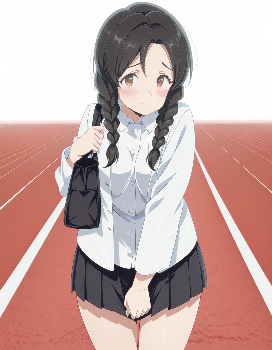 masterpiece, best quality, amazing quality,, <lora:urusei-yatsura-nozomi-s2-illustriousxl-lora-nochekaiser:1>, nozomi, long hair, black hair, braid, twin braids, brown eyes, mature female, small breasts, anime screencap, coat, white coat, long sleeves,, <lora:tomoaizawa-skirt-tug-illustriousxl-lora-nochekaiser:1>, tomoaizawa skirt tug, solo, looking at viewer, blush, smile, skirt, standing, cowboy shot, pleated skirt, miniskirt, skirt tug, embarrassed,, running track, lanes, red, exercise, race, cowboy shot, solo, looking at viewer, <lora:transparent-background-illustriousxl-lora-nochekaiser:1>, transparent background, simple background, white background