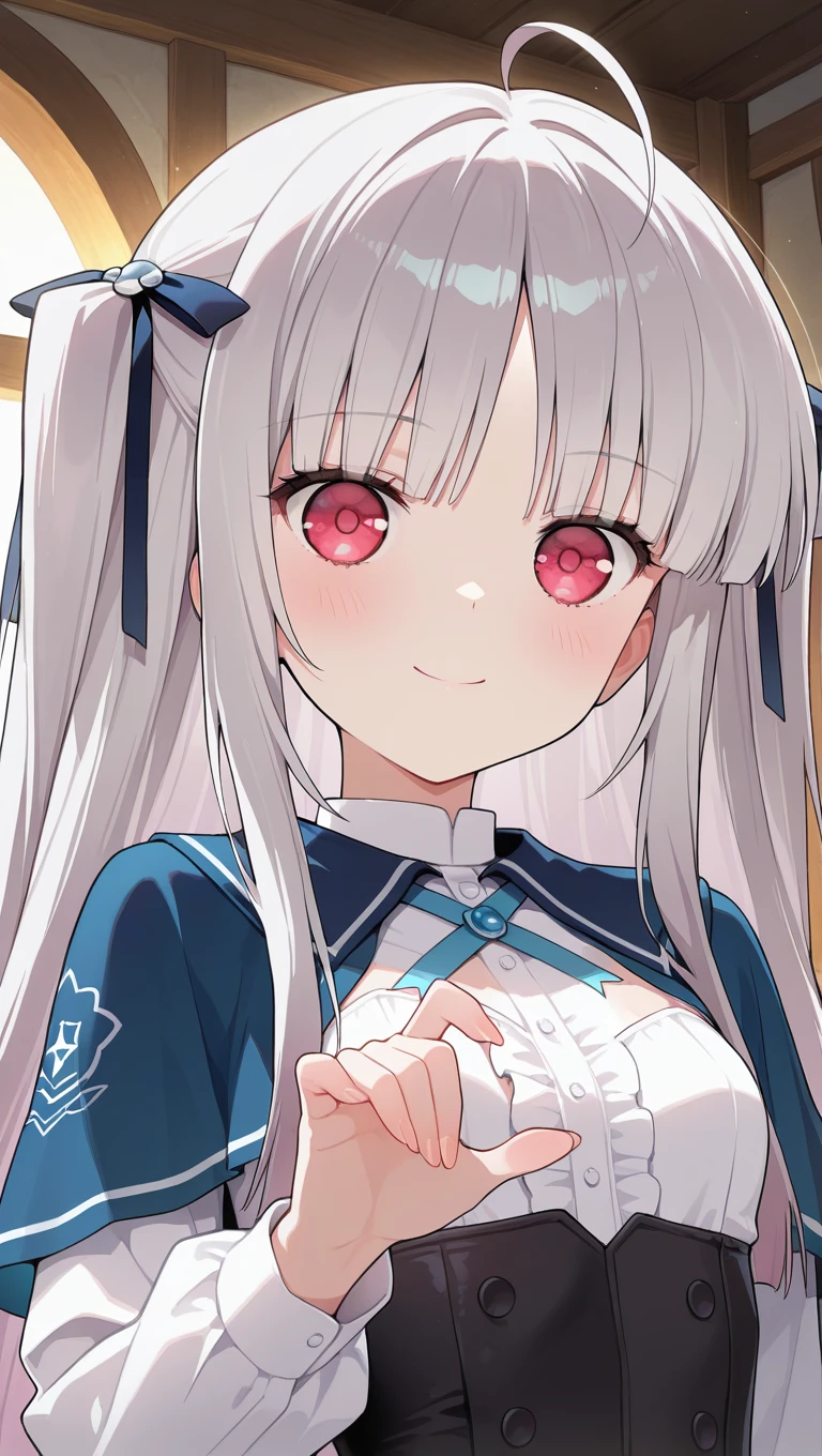 (masterpiece),best quality,amazing quality,very aesthetic,absurdres,newest,perfect body,shiny skin,perfect eyes,detail1eye,well-defined fingers,well-defined fingernails,anime style,indoors,1girl,solo,upper body,(portrait:1.5),looking at viewer,facing viewer,smile,blush,(petite:1.2),Julie Sigtuna,ahoge,very long hair,grey hair,black hair ribbon,two side up,sidelocks,blunt bangs,fuchsia eyes,blue capelet,neck ribbon,blue ribbon,white shirt,center frills,long sleeves,black corset,buttons,blue skirt,pleated skirt,frills,<lora:Julie Sigtuna(ad)-Illus:2.6>,