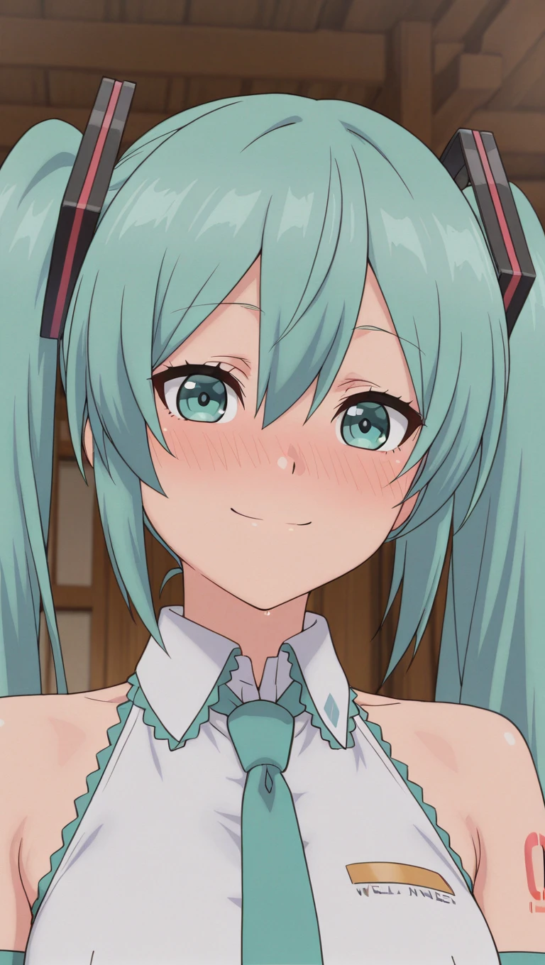 (masterpiece),best quality,amazing quality,very aesthetic,absurdres,newest,perfect body,shiny skin,perfect eyes,detail1eye,well-defined fingers,well-defined fingernails,anime style,indoors,1girl,solo,upper body,(portrait:1.5),looking at viewer,facing viewer,smile,blush,The Hidden Dungeon Only I Can Enter anime style,hatsune miku,absurdly long hair,aqua hair,twintails,hair ornament,sidelocks,hair between eyes,parted bangs,aqua eyes,white shirt,collared shirt,bare shoulders,sleeveless shirt,aqua necktie,detached sleeves,black sleeves,shoulder tattoo,<lora:Hatsune Miku(voc)-Illus-Remake:1.6>,<lora:The Hidden Dungeon Only I Can Enter anime[style]-Illus:2.8>,