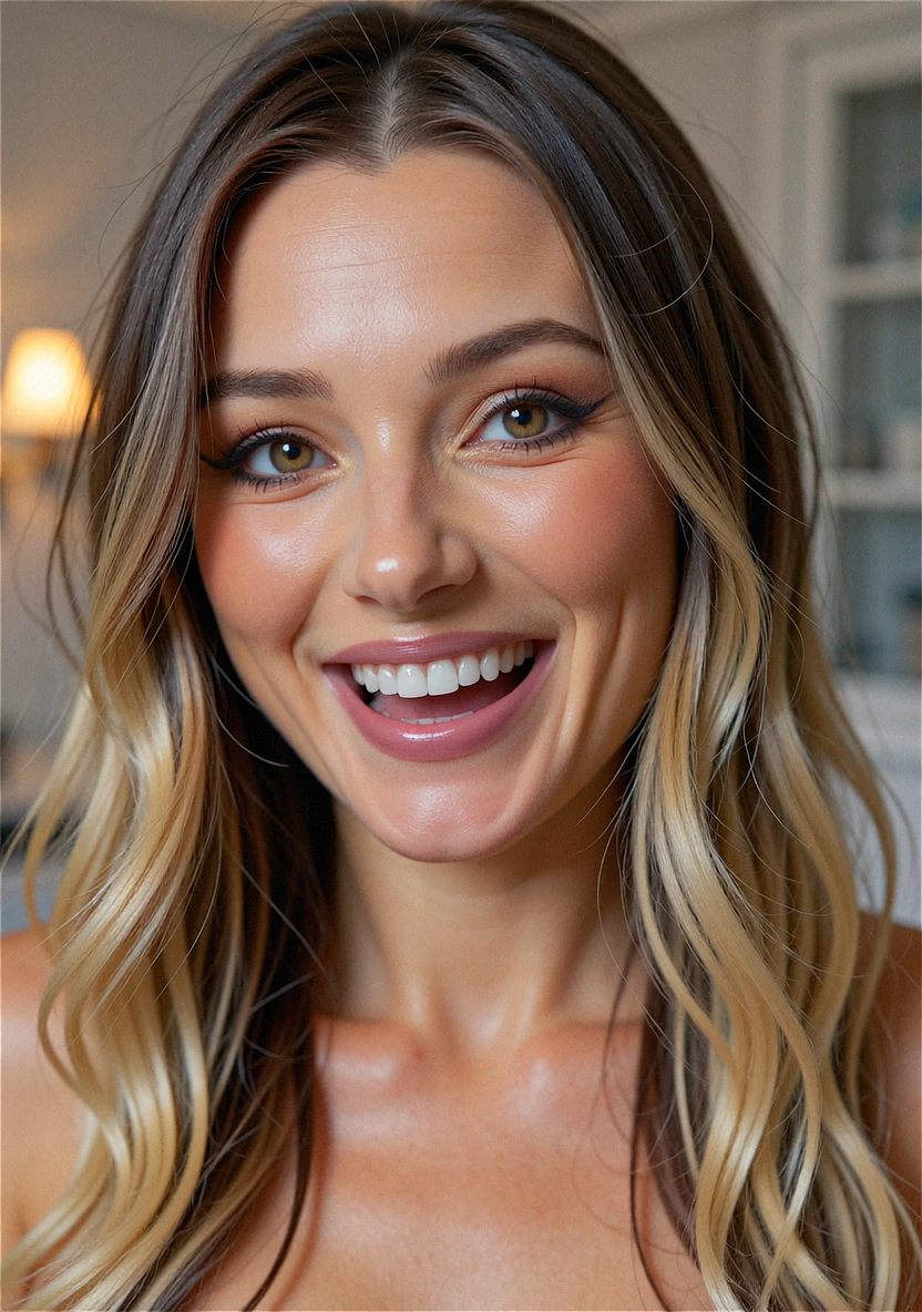Photo of Hailey. Portrait shot. Long brown hair with blonde gradient, styled loose and voluminous. Striking amber eyes. Laughing expression with mouth open wide, joyful energy. Wearing bare shoulder neckline. Pose leaning forward slightly. Background: softly lit indoor setting with blurred warm light in background, shallow depth of field.