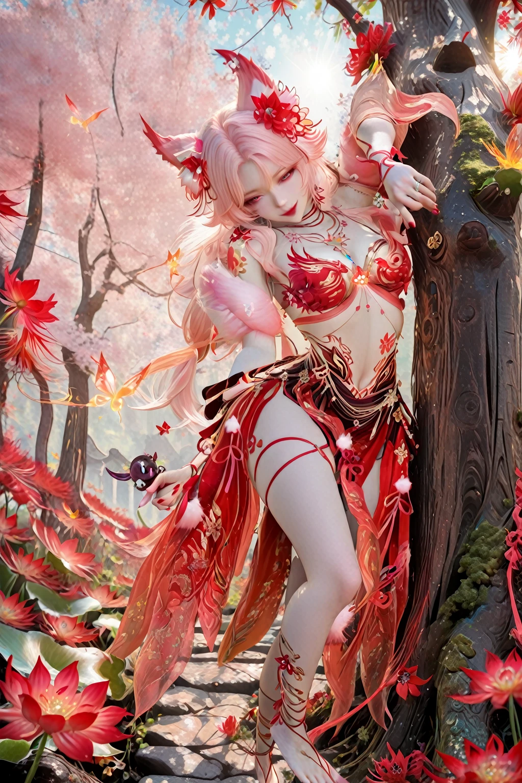 lazypos,IllusP0s,<lora:ç»ªå¿ åæ¶æå¾åå½±è´¨æå¢å¼ºV3:0.5>,<lora:detailed hand focus style illustriousXL v1:1>,detailed,<lora:illustrious_very_aesthetic_v1:0.5>,<lora:TrendCraft_The_Peoples_Style_Detailer-v2.4I-5_18_2025-Illustrious:0.6>,<lora:Smooth_Booster_v3:0.5>,
<lora:æ°¸å«æ é´çç²çSDXL:0.8>,yulinglong,1girl,jewelry,earrings,barefoot,red nails,anklet,nail polish,fox ears,animal ear fluff,cleavage,flower tattoo,lotus,ribbon,sheer fabric,midriff,(red dress:0.7),navel,hair flower,makeup,red_lips_,long_eyelashes,pink hair,long hair,red eyes,seductive_smile,
Fantasy background,central ancient towering tree,red silk fluttering,red spider lily field,small stones,cute creatures,dappled sunlight,glowing auras,cinematic lighting,8k,vivid magic,