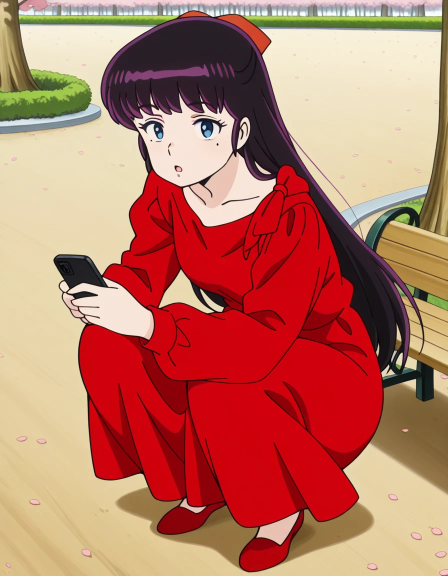 masterpiece, best quality, amazing quality,, <lora:ryouko-mendou-s1-illustriousxl-lora-nochekaiser:1>, ryouko mendou, long hair, blue eyes, purple hair, bow, hair bow, mole, mole under eye, mature female, small breasts, anime screencap, dress, red dress, collarbone, long sleeves,, <lora:slav-squatting-illustriousxl-lora-nochekaiser:1>, slav squatting, solo, looking at viewer, holding, closed mouth, full body, phone, squatting, cellphone, smartphone, holding phone,, park, cherry blossoms, bench, gentle breeze, peaceful, running, open mouth, cowboy shot, solo, looking at viewer,