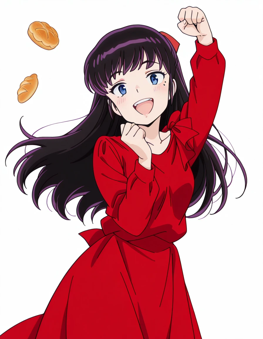 masterpiece, best quality, amazing quality,, <lora:ryouko-mendou-s1-illustriousxl-lora-nochekaiser:1>, ryouko mendou, long hair, blue eyes, purple hair, bow, hair bow, mole, mole under eye, mature female, small , anime screencap, dress, red dress, collarbone, long sleeves,, <lora:amane-himeno-photoshoot-illustriousxl-lora-nochekaiser:1>, amane himeno photoshoot, solo, looking at viewer, blush, smile, open mouth, teeth, arm up, hands up, clenched fist,, bakery, bread, pastries, sweets,, cowboy shot, solo, looking at viewer, <lora:transparent-background-illustriousxl-lora-nochekaiser:1>, transparent background, simple background, white background