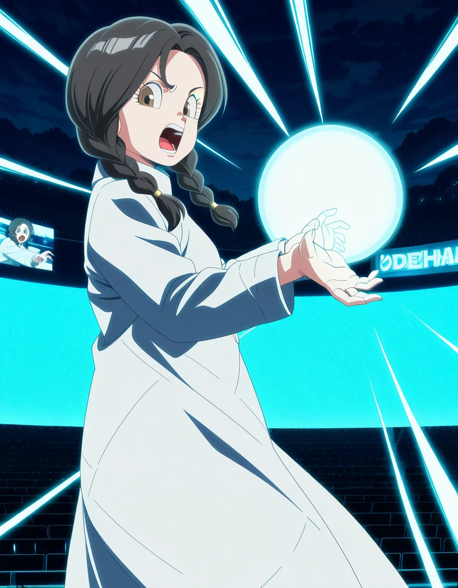 masterpiece, best quality, amazing quality,, <lora:urusei-yatsura-nozomi-s2-illustriousxl-lora-nochekaiser:1>, nozomi, long hair, black hair, braid, twin braids, brown eyes, mature female, small , anime screencap, coat, white coat, long sleeves,, <lora:kamehameha-illustriousxl-lora-nochekaiser:1>, kamehameha, kamehameha (dragon ball), open mouth, outstrecthed arms, torn clothes, shouting, energy, energy beam, energy ball, from side, electricity,, amphitheater, seats, outdoor, stage, large, cowboy shot, solo, looking at viewer,