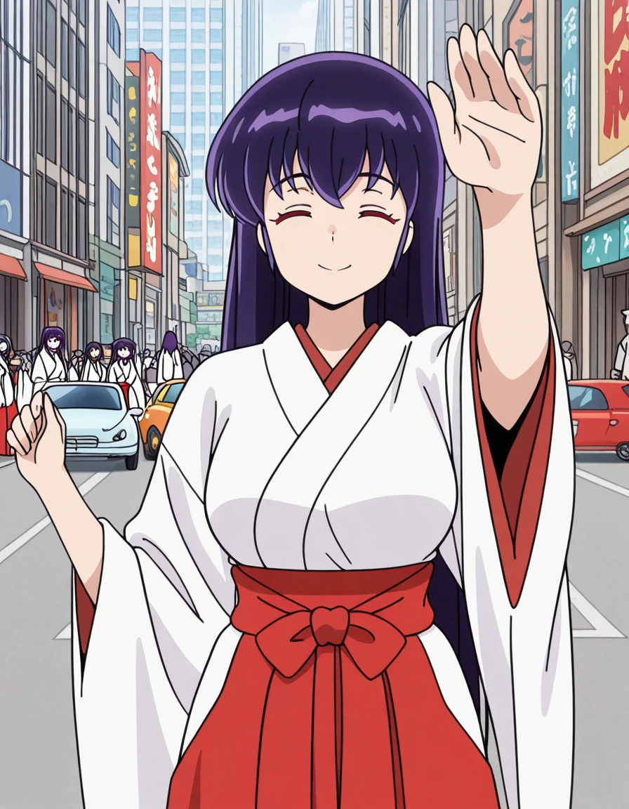 masterpiece, best quality, amazing quality,, <lora:urusei-yatsura-sakura-s1-illustriousxl-lora-nochekaiser:1>, sakura, long hair, purple hair, red eyes, mature female, medium breasts, anime screencap, skirt, japanese clothes, wide sleeves, kimono, hakama, hakama skirt, white kimono, miko, red hakama,, <lora:incoming-headpat-illustriousxl-lora-nochekaiser:1>, incoming headpat, headpat, pov, outstretched arm, reaching, reaching towards viewer, looking at viewer, closed eyes, smile, upper body, city, buildings, streets, cars, people, cowboy shot, solo, looking at viewer,