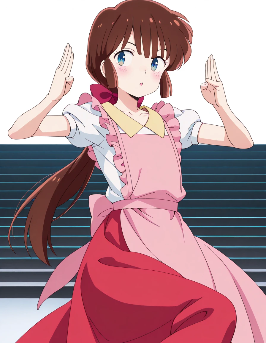 masterpiece, best quality, amazing quality,, <lora:nagisa-shiowatari-s2-illustriousxl-lora-nochekaiser:1>, nagisa shiowatari, long hair, bangs, brown hair, bow, ponytail, hair bow, blue eyes, otoko no ko, anime screencap, short sleeves, apron, puffy sleeves, skirt, red skirt, shirt, white shirt, collarbone,, <lora:crane-stance-illustriousxl-lora-nochekaiser:1>, crane stance, fighting stance, closed mouth, leg up, standing, standing on one leg, looking to the side, hands up, open mouth, blush, solo, amphitheater, seats, outdoor, stage, large, cowboy shot, solo, looking at viewer, <lora:transparent-background-illustriousxl-lora-nochekaiser:1>, transparent background, simple background, white background