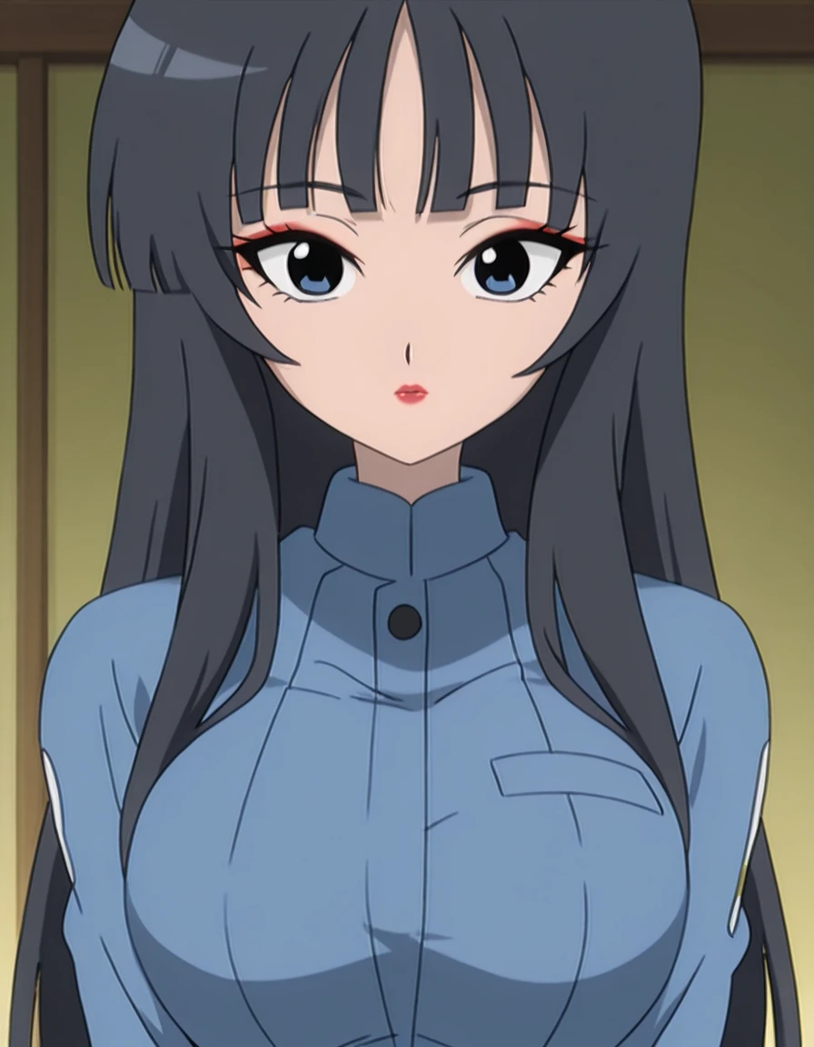 <lora:Higurashi_no_Naku_Koro_Ni_2006_IL:1>, h1gur4sh1, anime coloring, <lora:Mai_IL:0.7> agent mai, long hair, bangs, blue eyes, black eyes, black hair, eyelashes, red eyeliner, lipstick, , upper body,