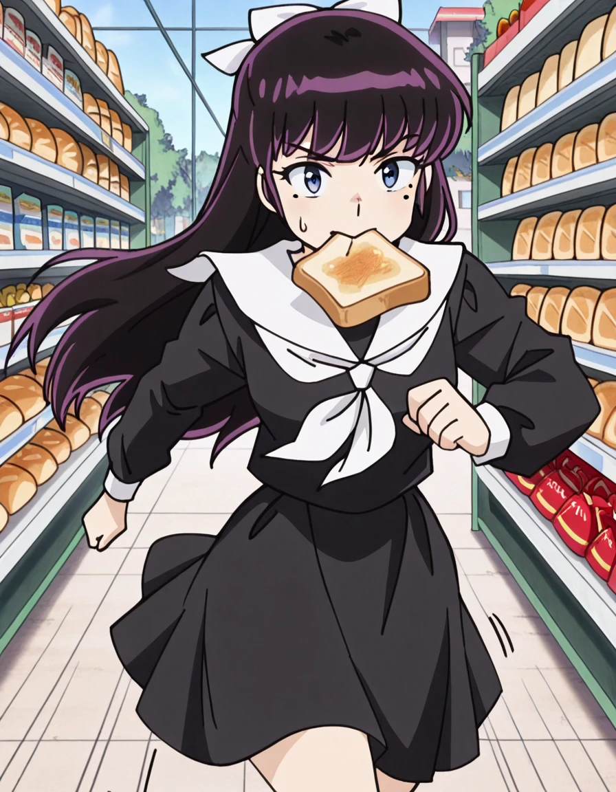 masterpiece, best quality, amazing quality,, <lora:ryouko-mendou-s1-illustriousxl-lora-nochekaiser:1>, ryouko mendou, long hair, blue eyes, purple hair, bow, hair bow, mole, mole under eye, mature female, small breasts, anime screencap, skirt, serafuku, shirt, black shirt, white sailor collar, long sleeves, black skirt, neckerchief, white neckerchief,, <lora:food-in-mouth-running-illustriousxl-lora-nochekaiser:1>, food in mouth running, food in mouth, running, bread, bread slice, food, toast in mouth, toast, sweatdrop, motion lines, motion blur, outdoors, cowboy shot, supermarket, aisles, shopping, food, shelves, cowboy shot, solo, looking at viewer,
