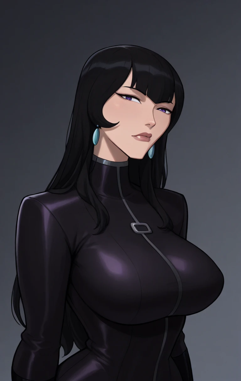 "0" :"masterpiece, best quality, highres,masterpiece,best quality,amazing quality, 1girl, solo, long hair, looking at viewer, purple eyes, black hair, earrings, coat, lips, black coat,t4lb4ld4nd,,((shinny skin, large ))",