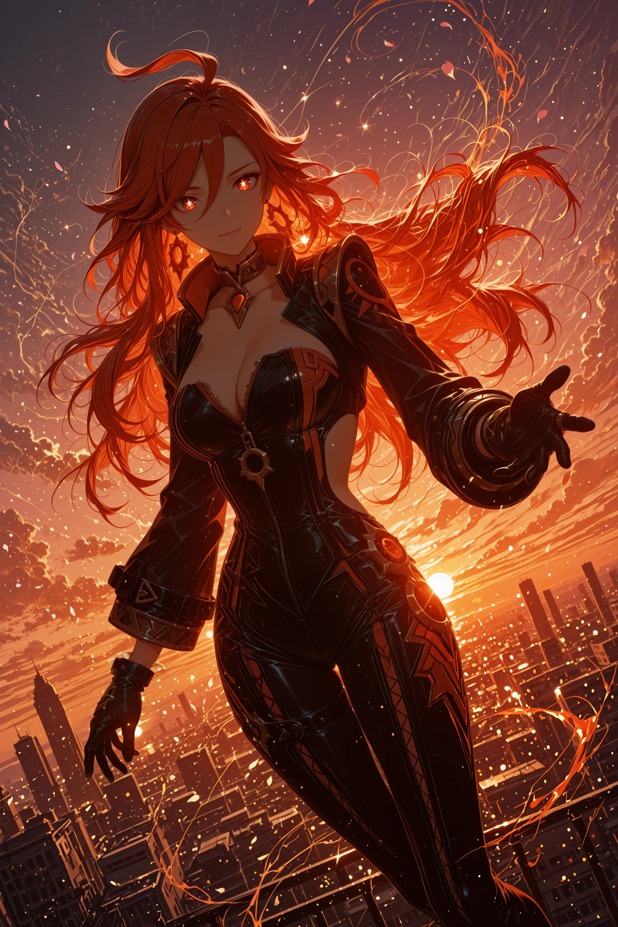 1girl, Masterpiece, amazing quality, 8k, ultra detailed, refined details, high resolution, HD, masterwork, dynamic pose, dynamic angle, solo, mavdef, star-shaped pupils, red eyes, large breasts, red hair, long hair, ahoge, jewelry, earrings, choker, zipper, bodysuit, clothing cutout, cleavage, black gloves, long sleeves, mavuika, \(genshin impact\)
cinematic composition, glowing sunset sky, floating cherry blossom petals, city rooftops, dreamlike clouds, whimsical sparkle, playful aura
very aesthetic, ultra-detailed, high contrast, backlighting, bokeh, volumetric lighting, open hand, gloves, depth of field, sunset, cloud, star \(symbol\), cleavage cutout, symbol-shaped pupils, blurry, breasts, building, skyline, hair ornament, city, star earrings, sparkle, absurdres, best quality, newest, very aesthetic