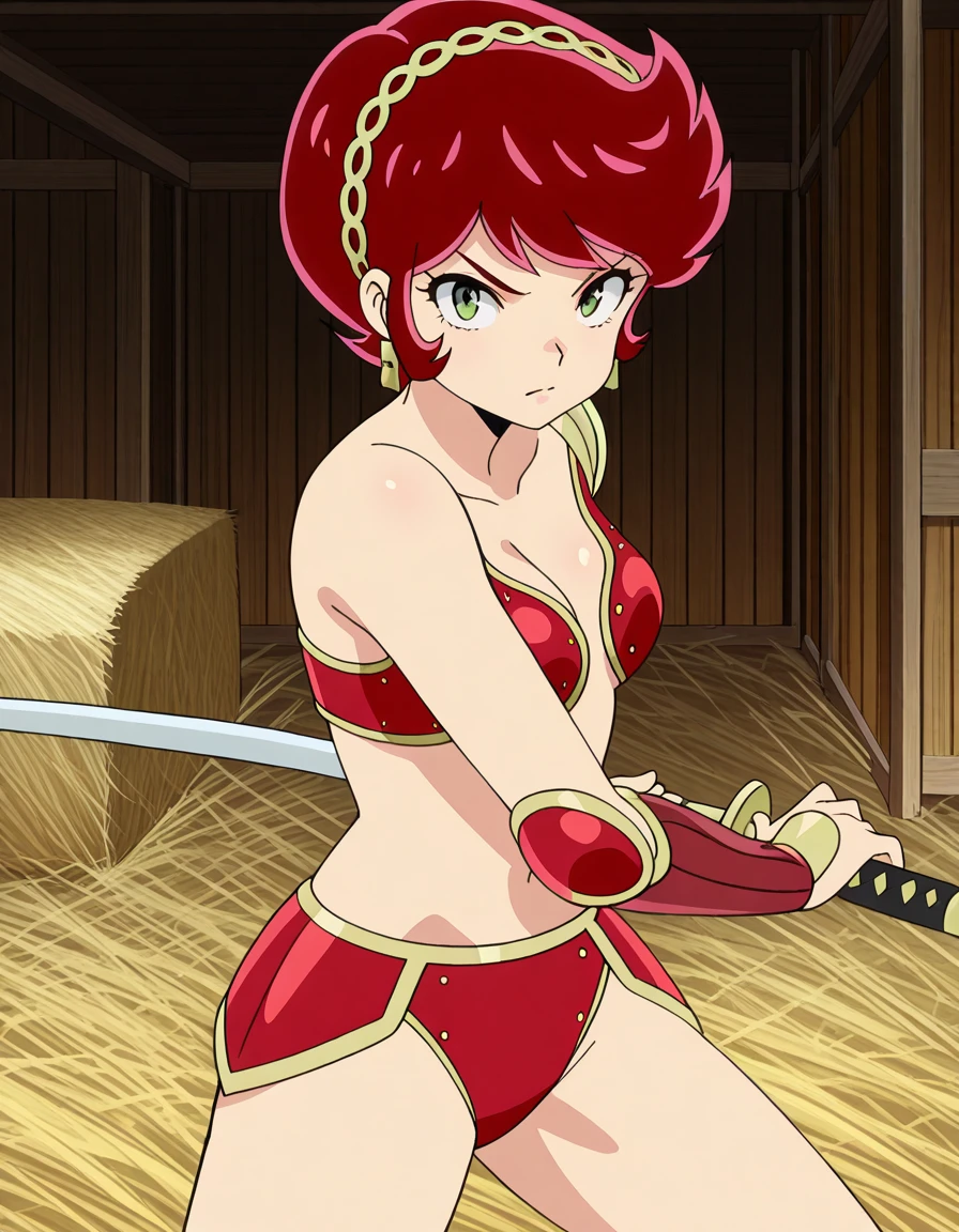 masterpiece, best quality, amazing quality,, <lora:urusei-yatsura-benten-s1-illustriousxl-lora-nochekaiser:1>, benten, short hair, green eyes, red hair, hairband, mature female, small breasts, anime screencap, armor, bikini armor,, <lora:battoujutsu-stance-illustriousxl-lora-nochekaiser:1>, battoujutsu stance, looking at viewer, holding, weapon, sword, holding weapon, holding sword, standing, katana, sheath, sheathed, fighting stance, ready to draw, barn, animals, hay, farming, rural, cowboy shot, solo, looking at viewer,