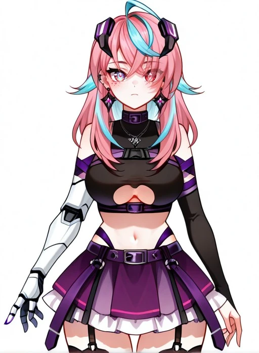 (Masterpiece), (high quality), (high res), (good quality), score_9, score_8_up, score_7_up,  <lora:Emikukisil-10:0.8>,Emikukis, 1girl, solo, long hair, ,  blue eyes, shirt, , skirt, gloves, red eyes, thighhighs, navel, hair between eyes, closed mouth, jewelry, , blue hair, purple eyes, pink hair, ahoge, multicolored hair, cowboy shot, earrings, pleated skirt, sleeveless, virtual youtuber, belt, elbow gloves, midriff, miniskirt, necklace, nail polish, two-tone hair, streaked hair, crop top, black shirt, fingernails, symbol-shaped pupils, clothing cutout, thigh strap, aqua hair, underboob, piercing, headgear, transparent background, eyes visible through hair, frilled skirt, ear piercing, gauntlets, crossed bangs, pink skirt, purple skirt, purple nails, straight-on, tachi-e, mechanical arms, navel cutout, single mechanical arm, underboob cutout, single gauntlet, purple belt, simple background, white background, cleavage, horns, choker, mole, mole under eye, garter straps, cleavage cutout