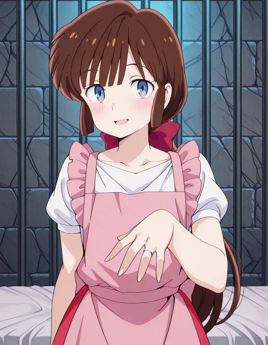 masterpiece, best quality, amazing quality,, <lora:nagisa-shiowatari-s2-illustriousxl-lora-nochekaiser:1>, nagisa shiowatari, long hair, bangs, brown hair, bow, ponytail, hair bow, blue eyes, otoko no ko, anime screencap, short sleeves, apron, puffy sleeves, skirt, red skirt, shirt, white shirt, collarbone,, <lora:gotoubunnohanayome-vol13-illustriousxl-lora-nochekaiser:1>, gotoubunnohanayome vol13, solo, looking at viewer, blush, smile, open mouth, upper body, wedding ring, hand up,, prison cell, bars, bed, stone_walls, isolation, cowboy shot, solo, looking at viewer, <lora:transparent-background-illustriousxl-lora-nochekaiser:1>, transparent background, simple background, white background