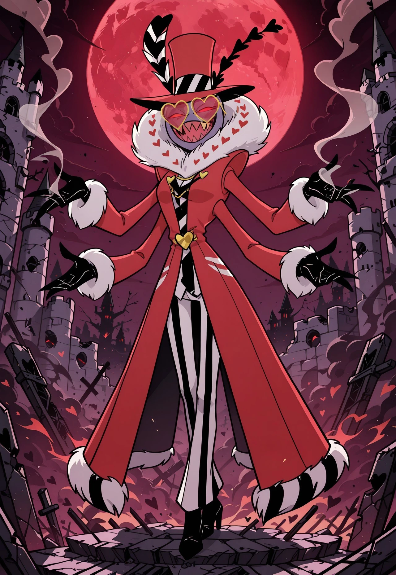 **Style** masterpiece, detailed_eyes, detailed, best quality, absurdres, 8k, HDR, high quality, very_awa, newest, vivid colors, very aesthetic, (dynamic:1.2), stylized, illustration, smooth edges, **Setting** castle ruins, flames on ruins, night, red moon, flying ashes, smoke at background, **Character** valentino_hh, purple skin, four arms, red eyes, sharp teeth, long fingers, sharp fingers, moth demon, fur collar with heart accents, red top hat,black gloves, heart-shaped glasses, gold glasses, (in-action pose:1.2), **Clothing** long red coat, fluffy white trim, black and white striped lining, black high heels, **Action** wide open arms, hands out of frame, looking at viewer, big smile, glowing eyes, dark aura, 3/4 shot, Smooth_Quality