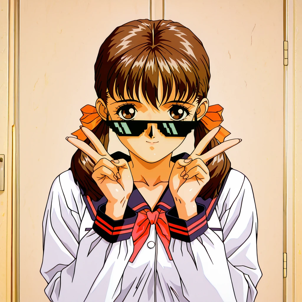 lazypos, <lora:Deal_with_It_Glasses:1> dealwithit_glasses, double v, <lora:Fujisawa_Ayana_-_Cool_devices_Yellow_Star:0.8> COOLAYANA07, 1girl, 1990s \(style\), umetsu yasuomi, brown eyes, brown hair, low twintails, hair ribbon, fingernails, serafuku,