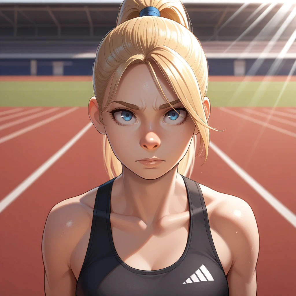 masterpiece, best quality, snubnose, upturned nose, 1girl, solo, blonde hair, blue eyes, high ponytail, black sports bra, upper body, <lora:SnubNose_illustrious_Leaf3-000010:1>, looking at viewer, track and field, depth of field, light rays,