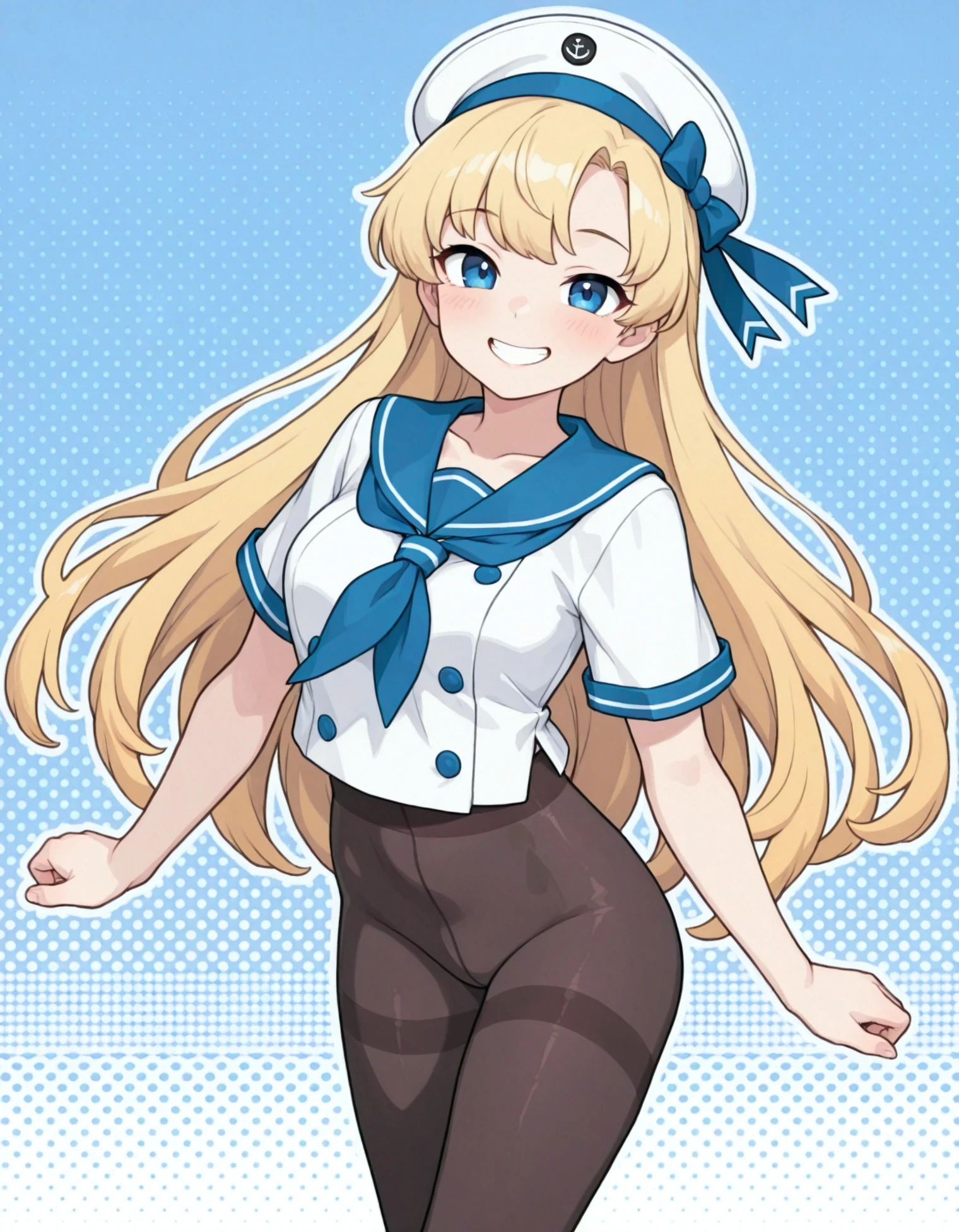 1girl,black legwear,blonde hair,blue eyes,blue sailor collar,breasts,collarbone,grin,halftone,halftone background,hat,honeycomb \(pattern\),long hair,looking at viewer,medium breasts,neckerchief,pantyhose,patterned background,polka dot,polka dot background,sailor collar,sailor hat,smile,solo,thighband pantyhose,