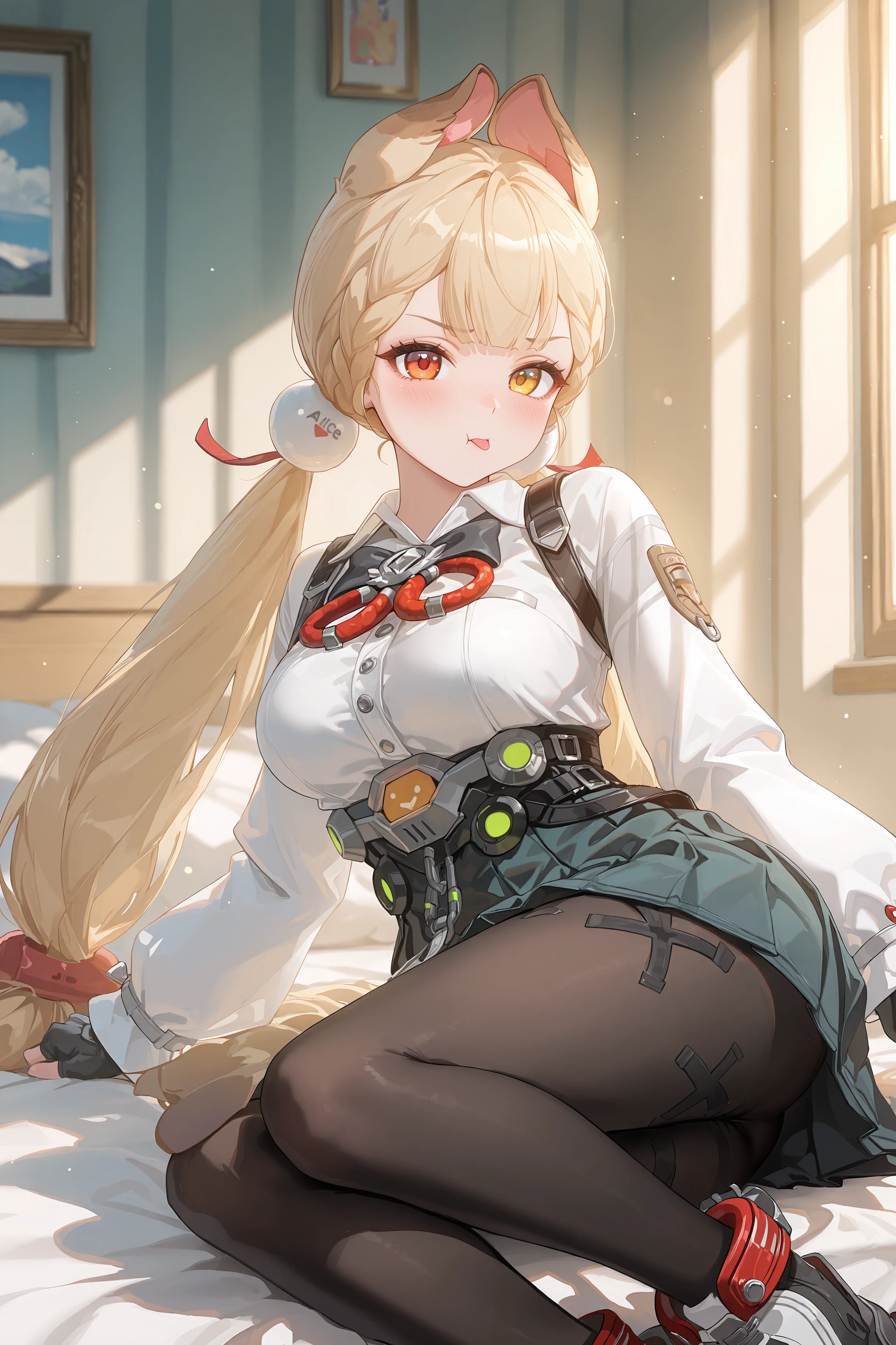1girl, alice thymefield, heterochromia, solo, braided bangs, twintails, hair bobbles, white collared shirt, ribbon-trimmed sleeves, two-tone bowtie, chest harness, fingerless gloves, utility belt, high-waist pleated skirt, print pantyhose, high tops, sitting, bedroom, reclining, pout, blush, open mouth, tongue out, looking at viewer, depth of field <lora:Char-ZZZ-Alice-V1-IL:0.9:hr=0.6>
masterpiece, best quality, amazing quality, very awa,absurdres,newest,very aesthetic, highres, (scenery, volumetric lighting), high contrast, photorealistic, <lora:IL-Cunny:0.8:hr=0>, <lora:Pony-Dramatic_Lighting_Slider:2.5:hr=0>